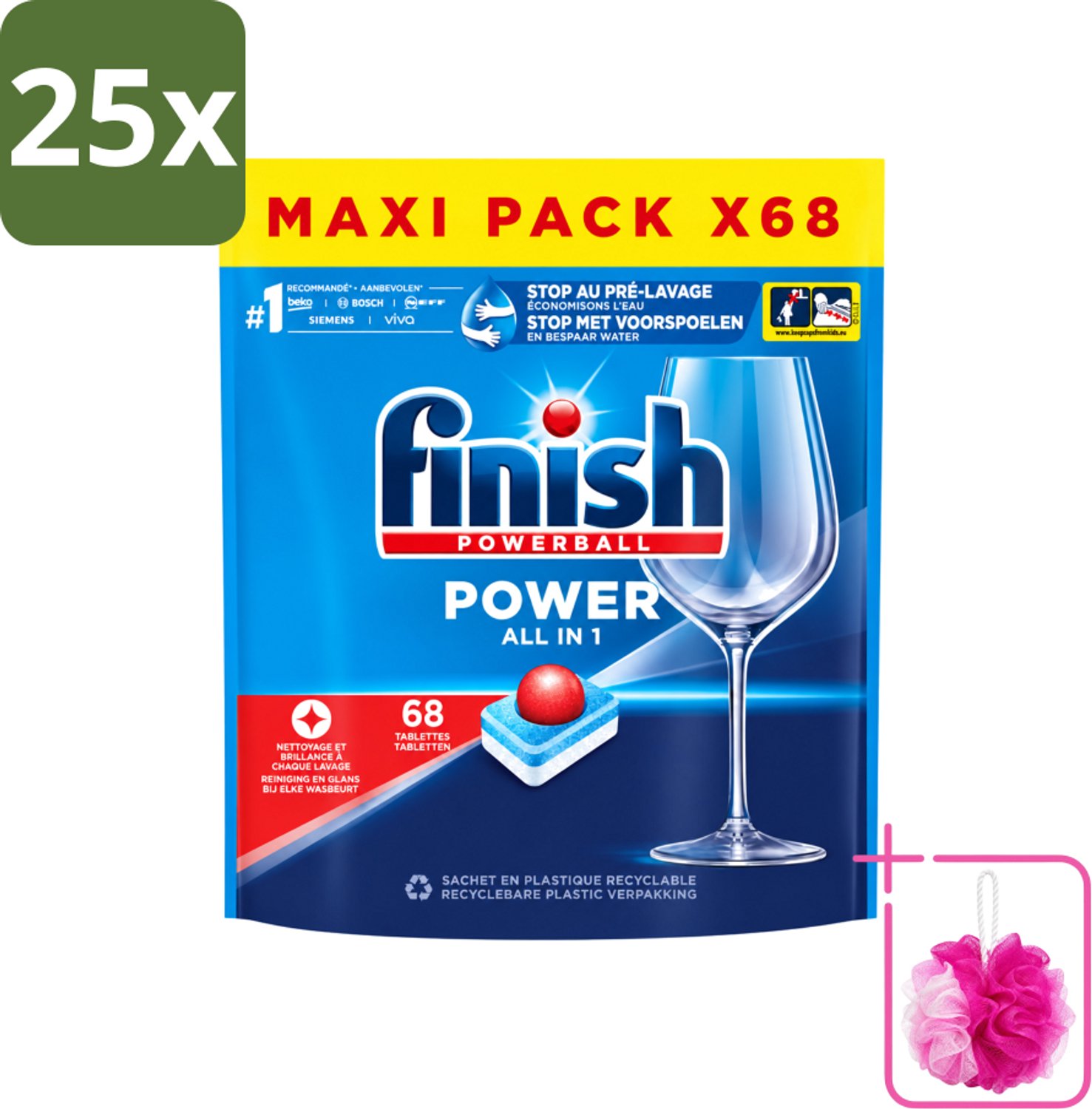 25 x Finish Powerball - Power All in 1 - Vaatwastabletten - Reiniging & Glans - 68 Tabletten - Bulkverpakking - Vaatwastabletten - Douchemop - Vaatwasmiddel