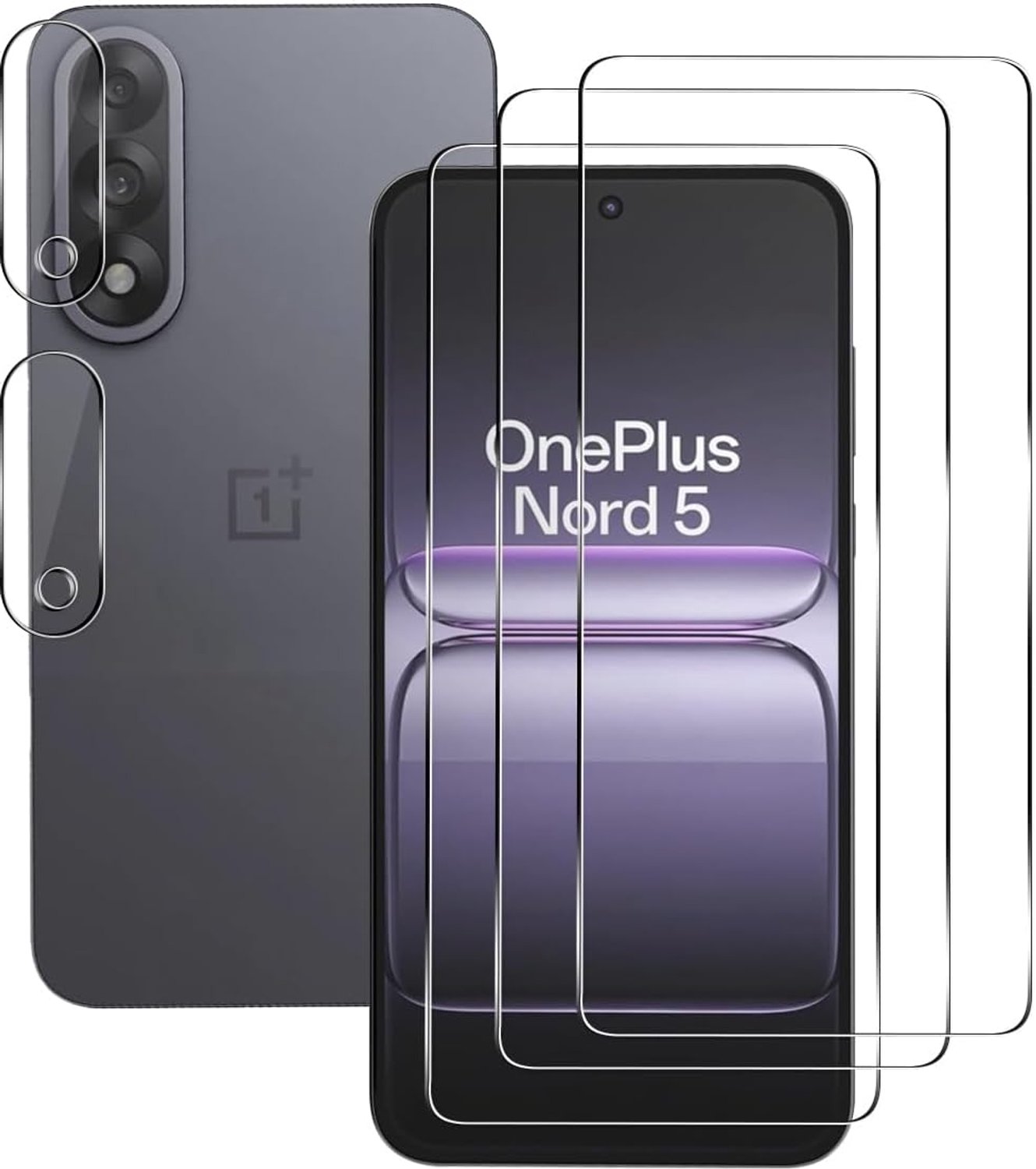 Trempé compatibel met OnePlus Nord 5, 3 stuks schermbeschermfolie en 2 stuks achtercamerabeschermer, 9H hardheid, krasbestendige HD schermbeschermer voor OnePlus Nord 5