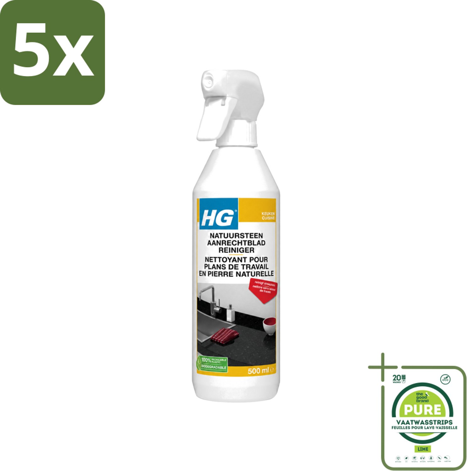 5 x HG - Natuursteen Aanrechtblad Reiniger - Reinigt Streeploos - 500 ml - Grootverpakking - Vaatwasstrips - Natuursteen Aanrechtblad Reinigen - Natuursteen Reinigen - Graniet Reinigen - Marmer Reinigen - Hardsteen Reinigen