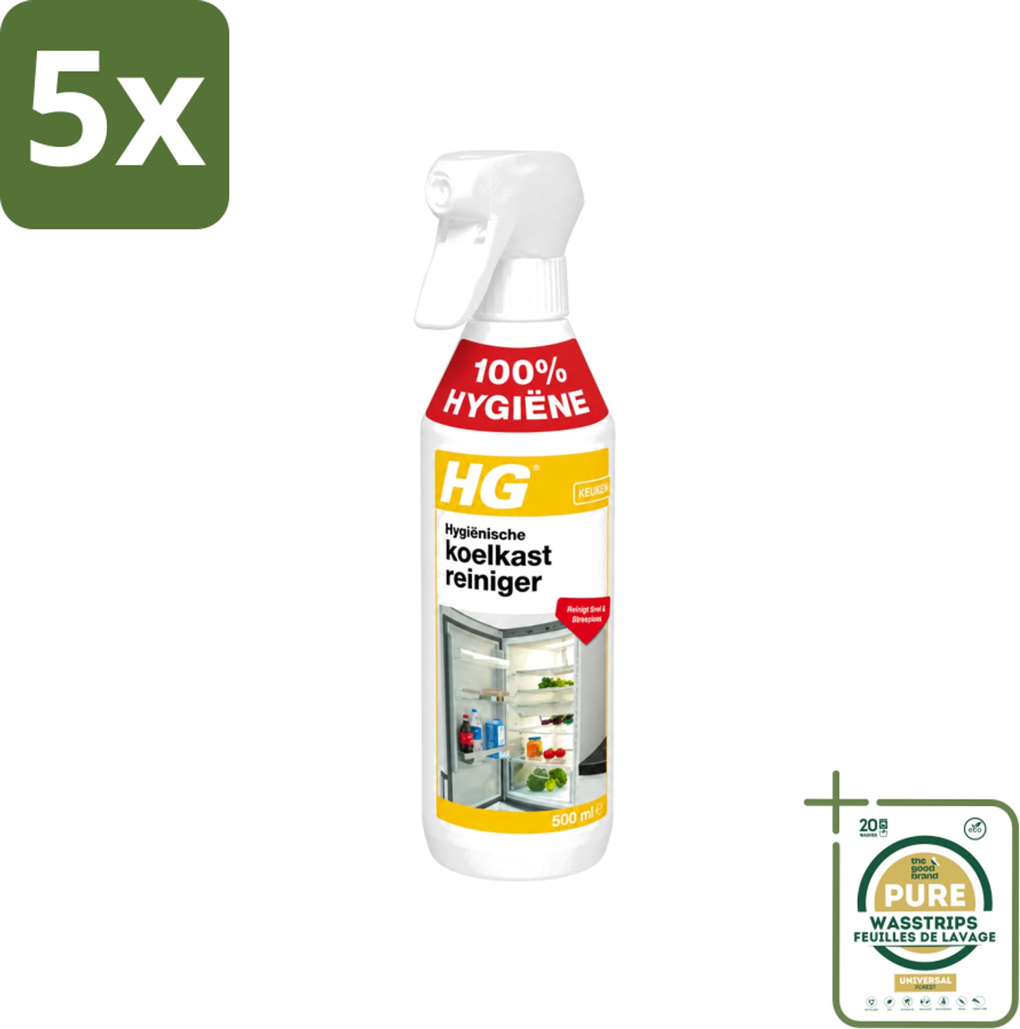 5 x HG - Hygiënische Koelkastreiniger - Reinigt Snel & Streeploos - 500 ml - Wasstrips - Koelkast Reinigen - Koelkast Reinigingsmiddel - Hygiënische Koelkastreiniger - Koelkast Reinigen Zonder Afspoelen - Koelkast Reinigen Snel