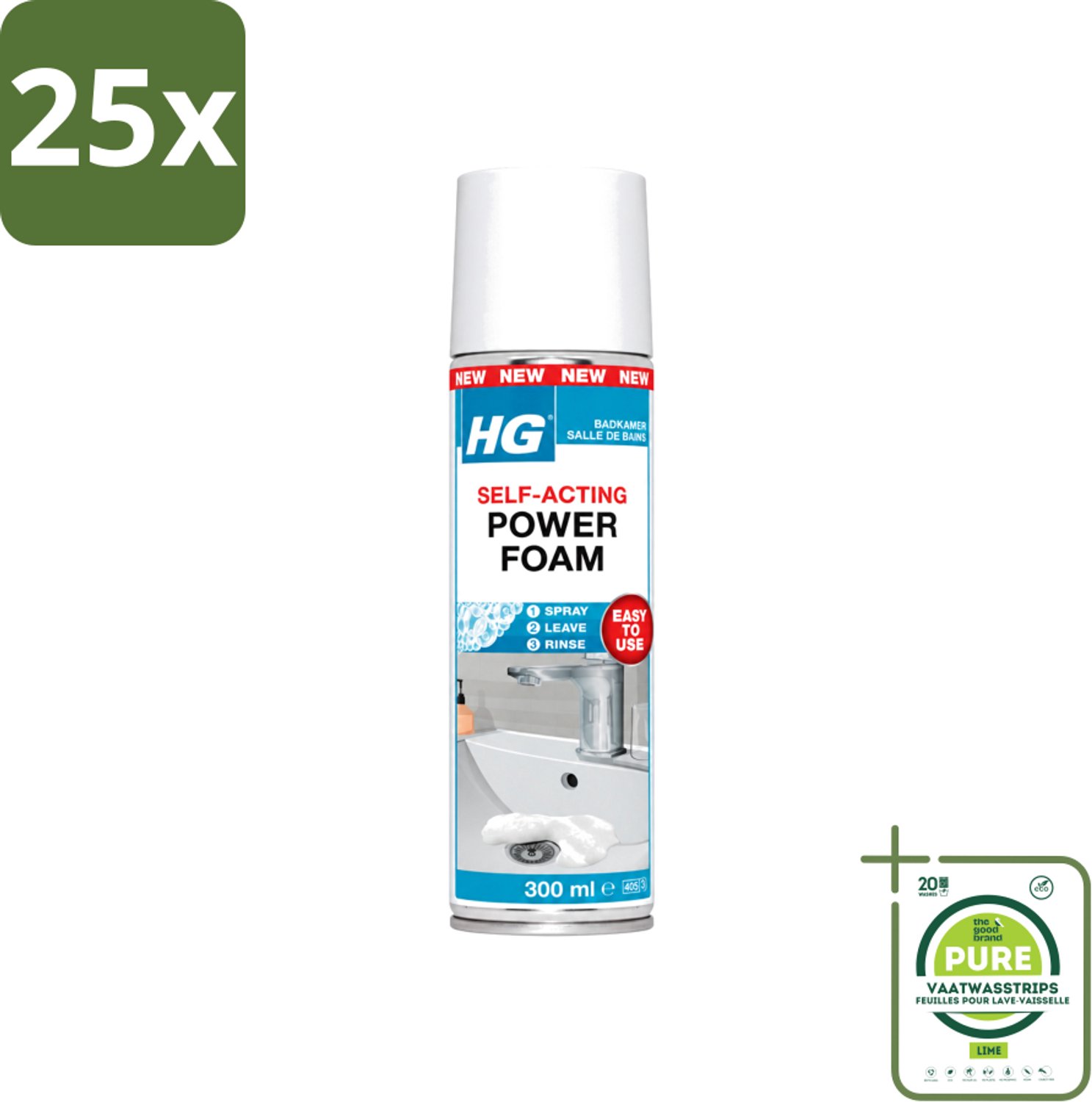 25 x HG - Badkamer - Badkamerreiniger - Power Foam Badkamer - Zelf-Activerend - 300 ml - Grootverpakking - Vaatwasstrips - Badkamerreiniger - Schuimreiniger - Kalkaanslag - Zeepresten - Tegelreiniger