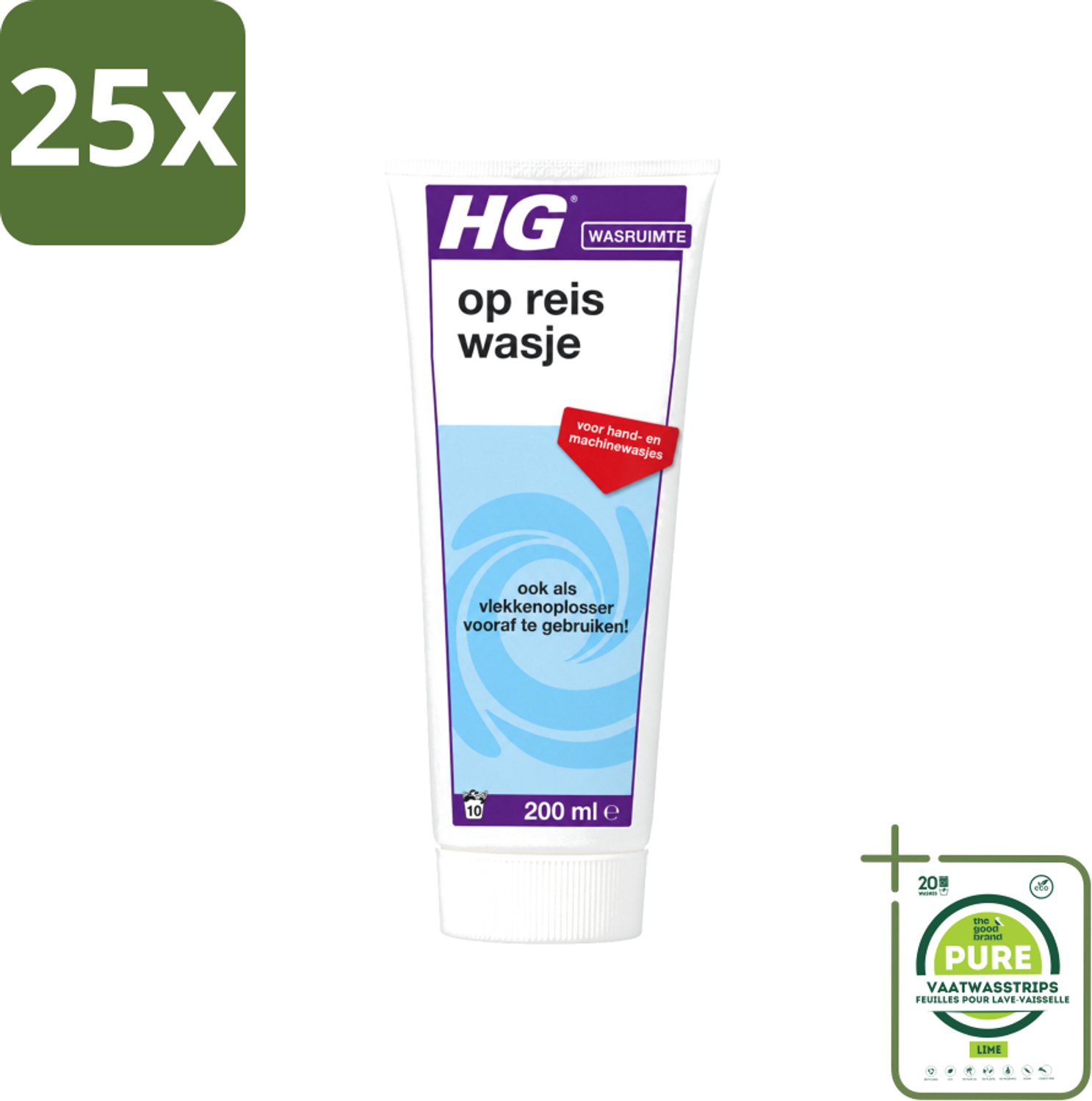 25 x HG - Wasruimte - Op-Reis-Wasje - Voor Hand & Machine Wasjes - 200 ml - Grootverpakking - Vaatwasstrips - Op Reis Wasmiddel - Wasmiddel Voor Reizen - Wasmiddel Met Wasverzachter - Wasmiddel Voor Vlekken - Handwas
