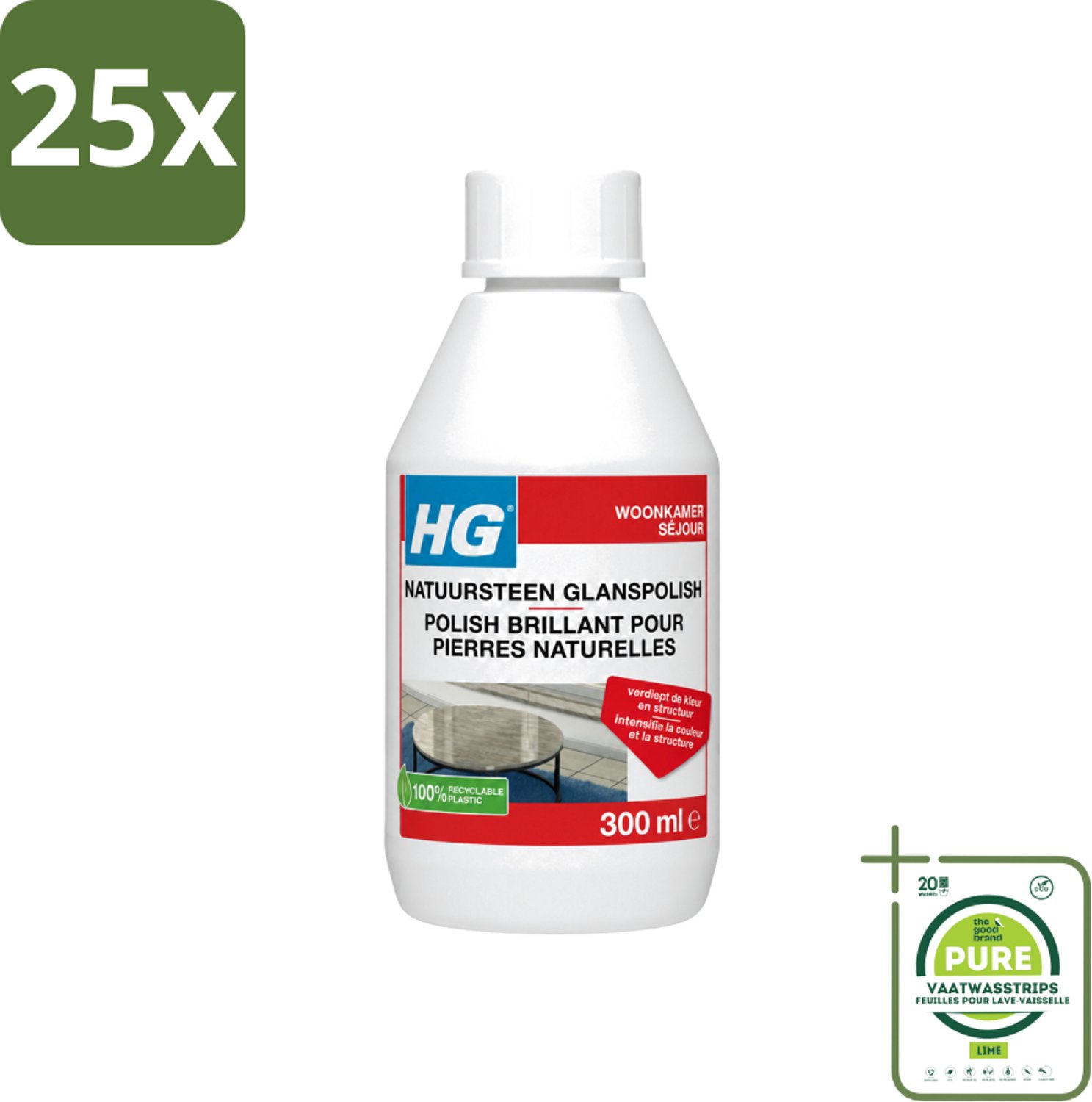 25 x HG - Natuursteen Glans Polish - Kleur & Structuur Verdiepend - 300 ml - Grootverpakking - Vaatwasstrips - Natuursteen Polish - Glanspolish - Natuursteen Onderhoud - Steen Reinigen - Steen Beschermen