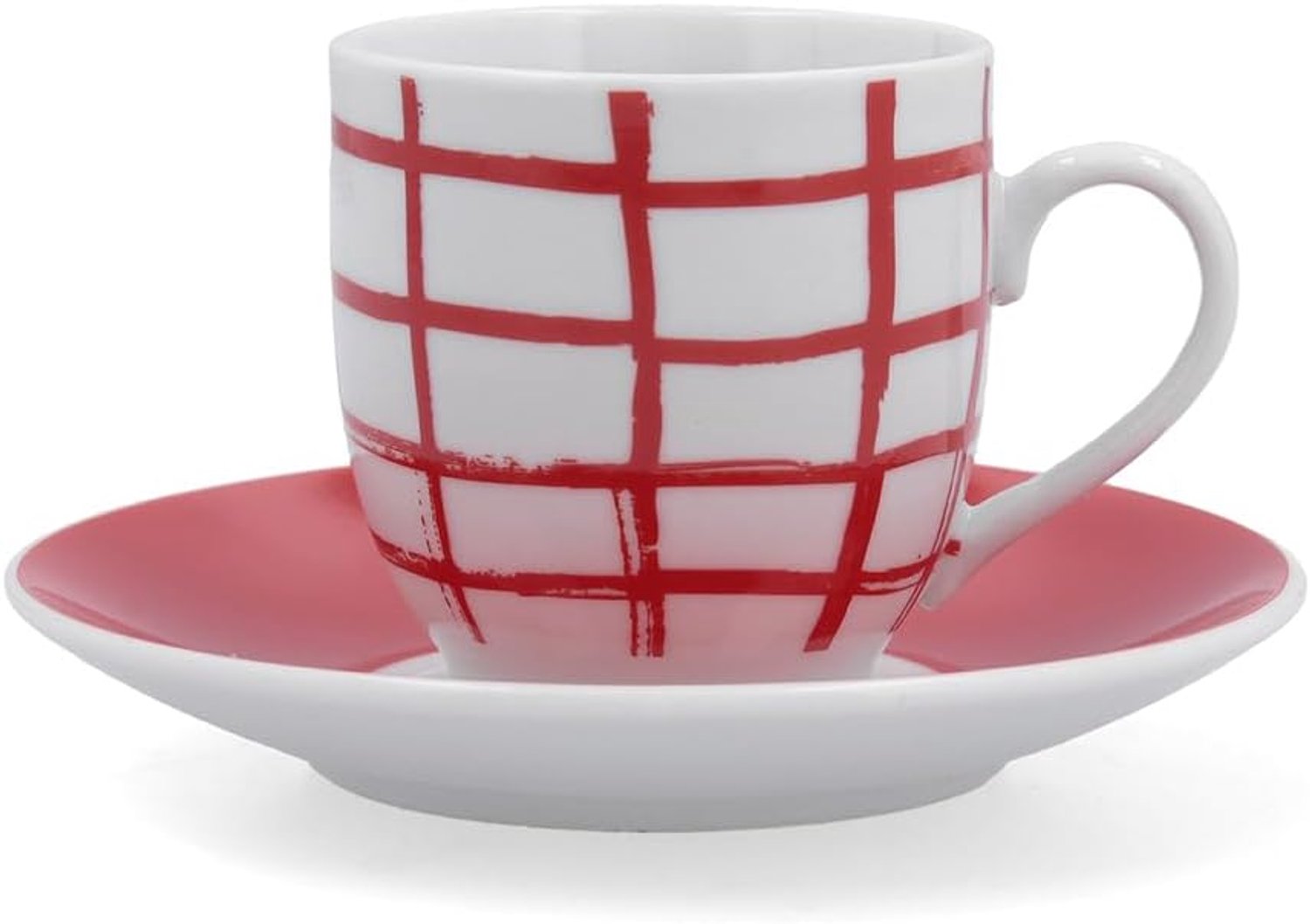 Set van 6 Mokken met Schotels, 90ml, Rood-Wit Geblokt, Vaatwasmachinebestendig