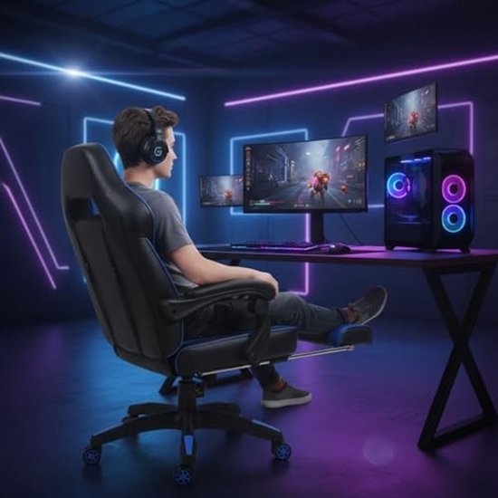 Ergonomische Gaming Stoel met Voetsteun - Zwart en Blauw — afbeelding 2