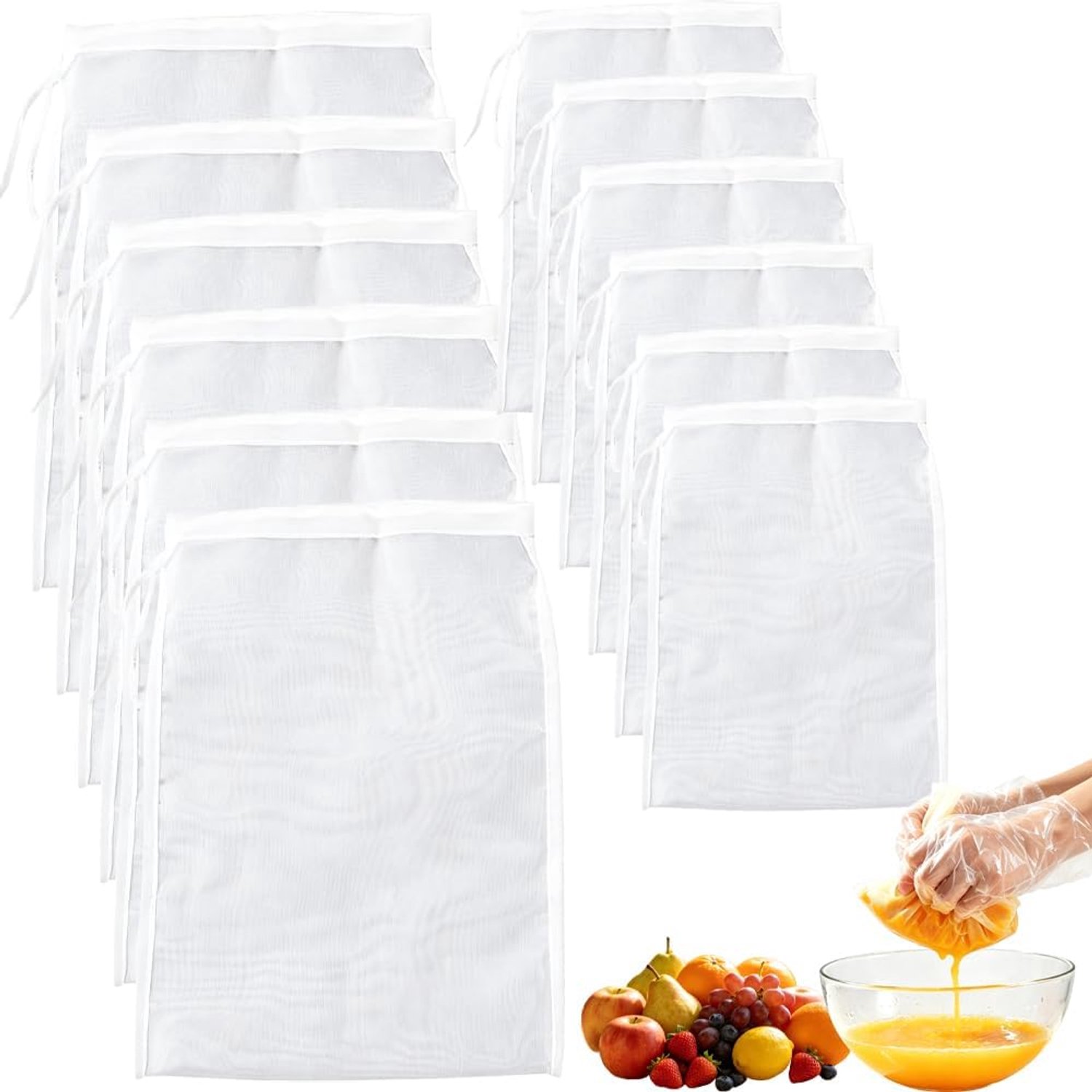 12 stuks herbruikbare zeefzak, 20 × 30 cm en 15 × 20 cm, filterzakken met trekkoord, wasbare nylon zeef, micron fijnmazig filter voor sap, noten, melk, yoghurt, wijn, brouwen, hop