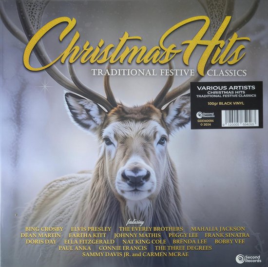 Vinylhoes Christmas Hits met een hert in de sneeuw en een lijst van artiesten, inclusief 100g zwart vinyl sticker.