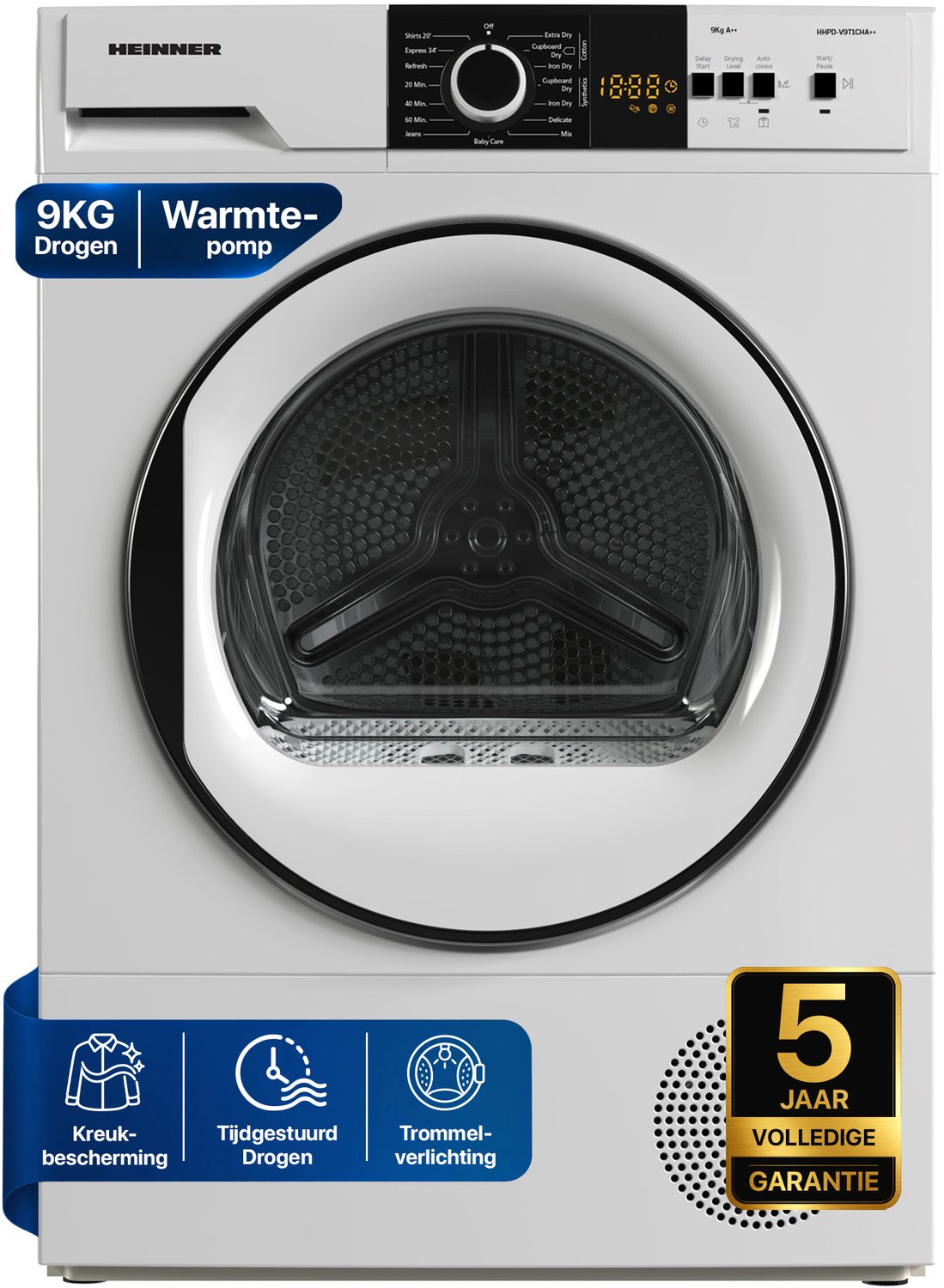 Heinner Warmtepompdroger - Warmtepompdroger - 9 KG - 15 Programma’s - LED Display - Trommelverlichting - Wit