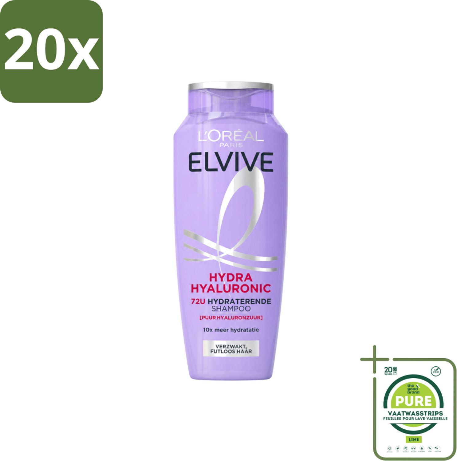 20 x L’Oréal Paris Elvive – Shampoo – Hydra Hyaluronic – Hydraterend – 250 ml - Grootverpakking - Vaatwasstrips - Hydra Hyaluronzuur Shampoo - Droog Haar - Hyaluronzuur - Vochtig Haar - Haar Hydrateren