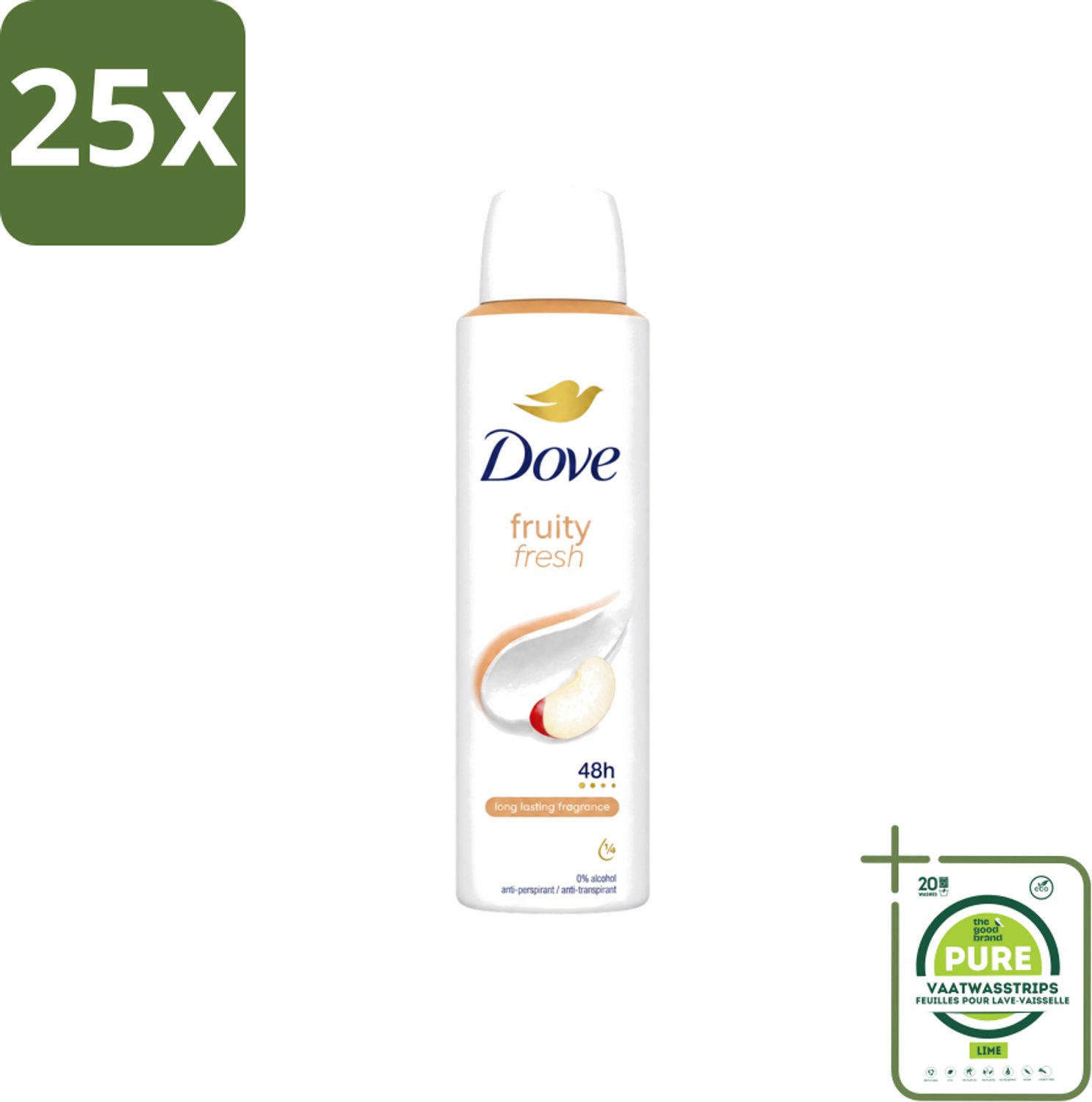 25 x Dove – Deodorant Spray – Fruity Fresh – 150 ml - Grootverpakking - Vaatwasstrips - Deodorant Spray - Fris - Fruitige Geur - Okselhuid Verzorging - Transpiratiegeur
