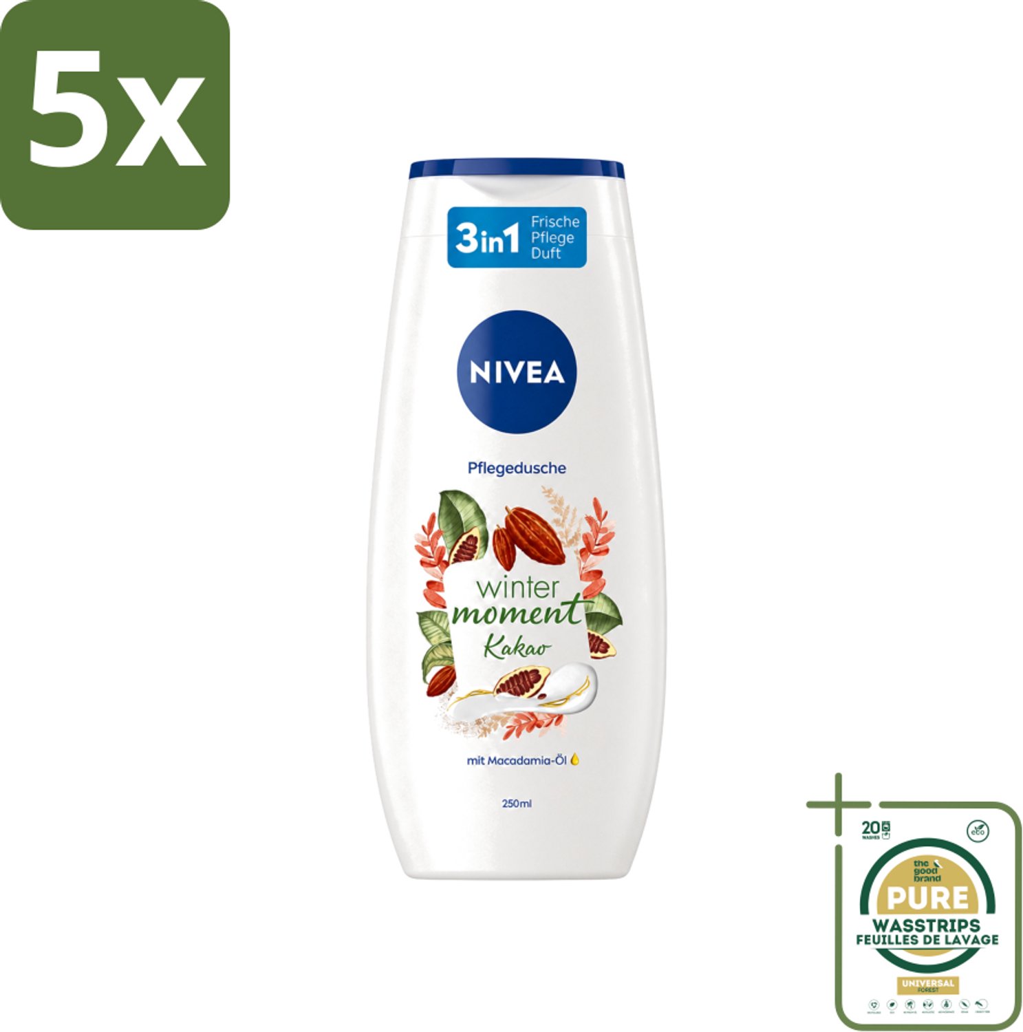 5 x Nivea - Douchegel - Winter Moment Cacao - 250 ml - Wasstrips - Douchegel - Winter Moment - Cacao - Verzorgende Douchegel - Huid Verzorging