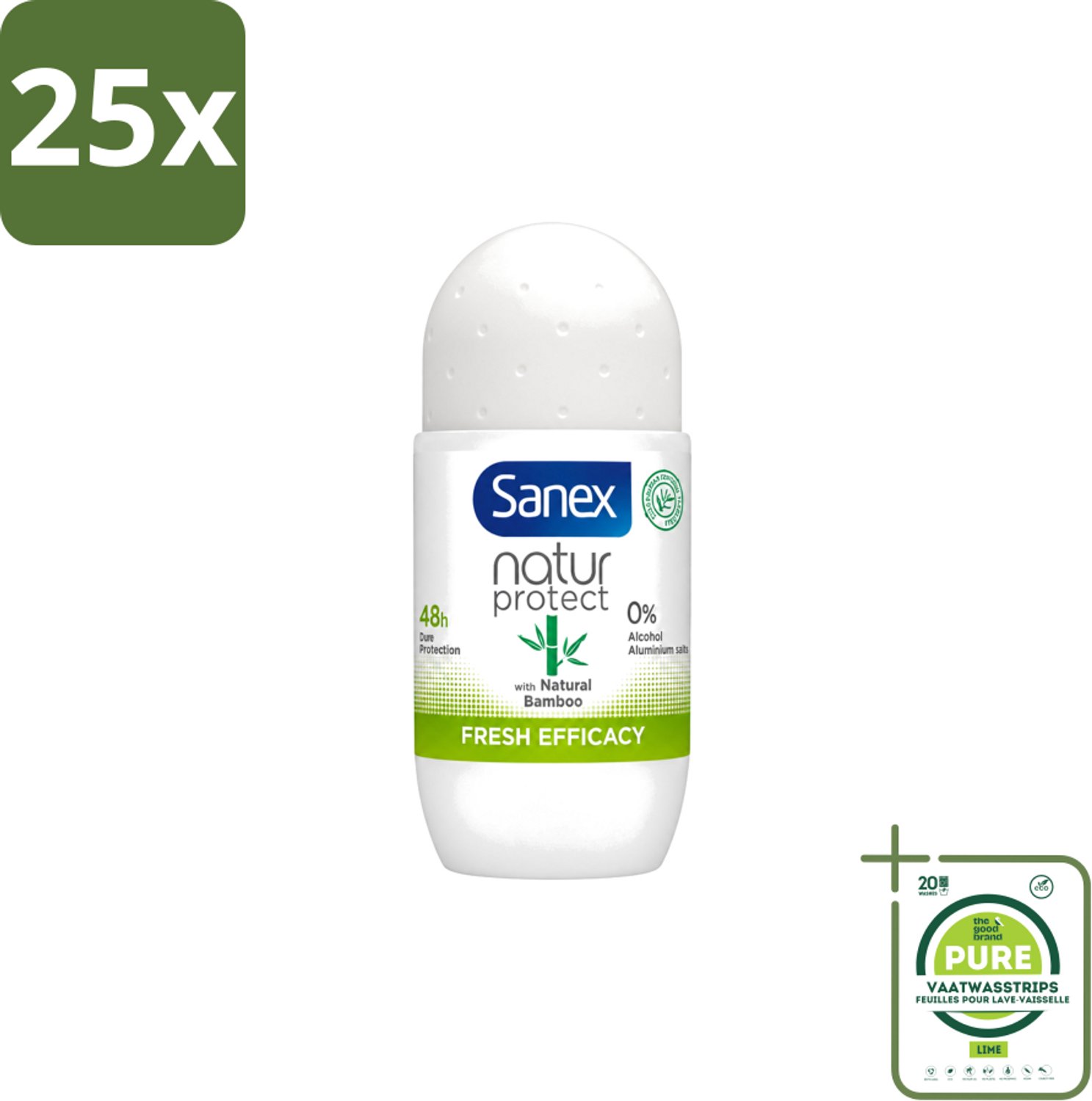 25 x Sanex – Deo Roll-on – Bamboo Fresh Efficacy – 50 ml - Grootverpakking - Vaatwasstrips - Deodorant Roll-on - Bamboe Geur - Natuurlijke Frisheid - Huidcomfort - Geurcontrole