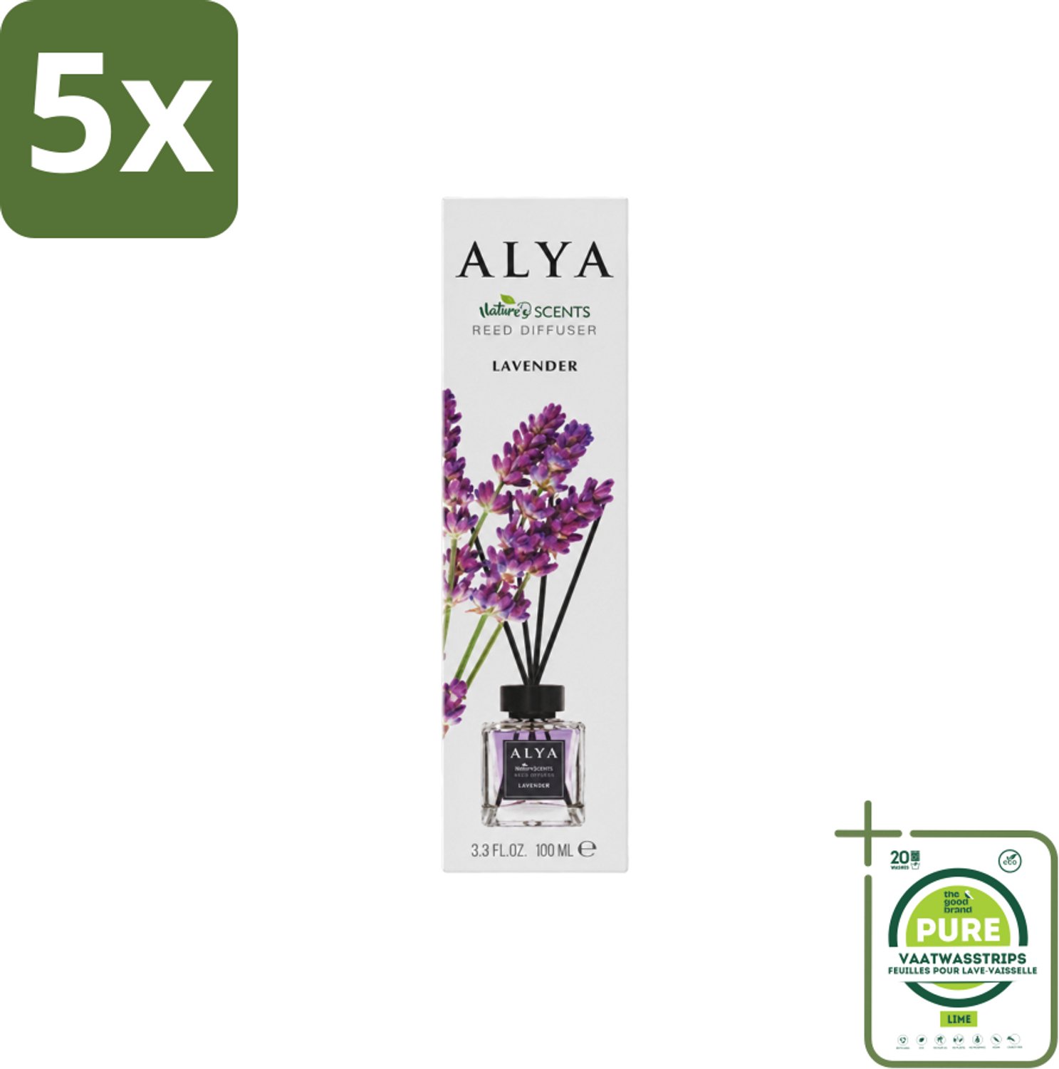 5 x Alya – Reed Diffuser – Lavender – Interieurparfum - Grootverpakking - Vaatwasstrips - Lavendel Geurstokjes - Rustgevende Geur - Ontspanning Thuis - Frisse Geur - Natuurlijke Geur