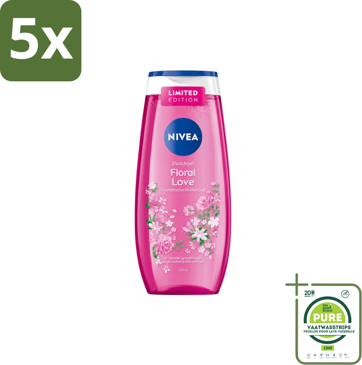 5 x Nivea – Douchegel – Floral Love – 250 ml - Grootverpakking - Vaatwasstrips - Douchegel - Bloemige Geur - Verzorgende Douche - Huid Verzorgen - Milde Reiniging