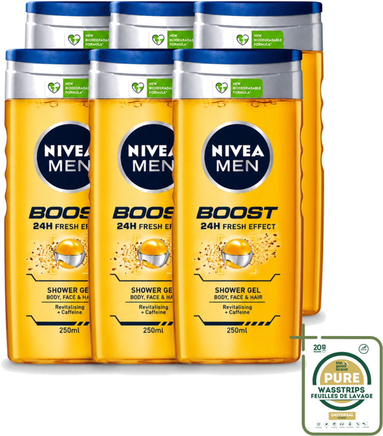6 x Nivea - Men - Boost Douchegel - 24 Uur Lang Effect - 250 ml - Wasstrips - Douchegel - Cafeïne - Energieboost - Fris Effect - Verfrissend
