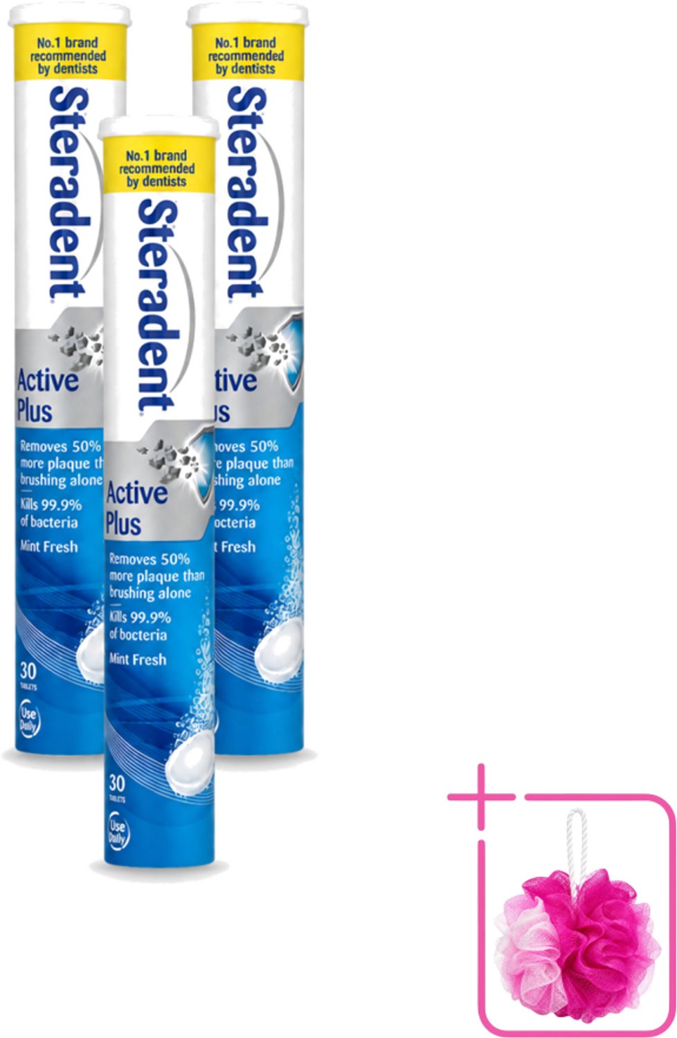 3 x Steradent - Reinigingstabletten - Active Plus - Tegen Tandsteen & Bacteriën - 30 Tabletten - Bulkverpakking - Kunstgebit reinigen - Douchemop - Tandsteen verwijderen