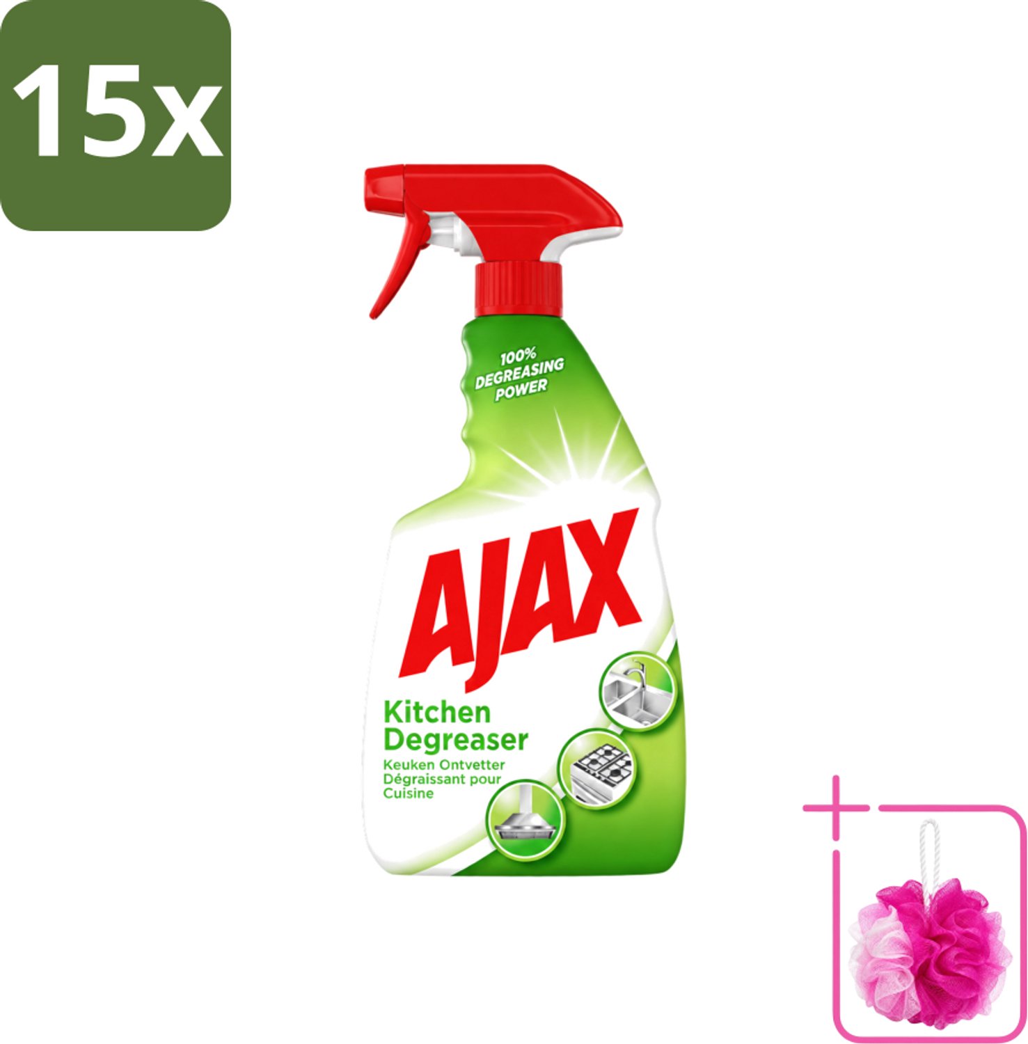 15 x Ajax - Keuken Ontvetter Spray - Verwijdert Hardnekkig Vet - 750 ml - Bulkverpakking - Keuken reinigen - Douchemop - Vet verwijderen