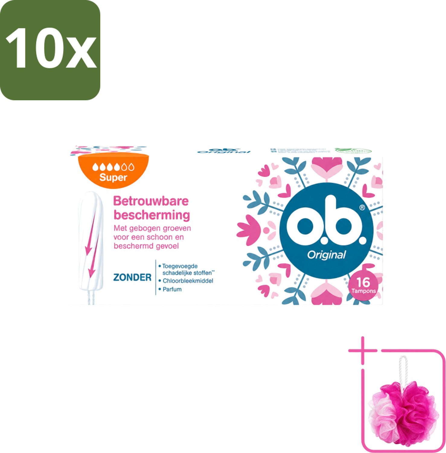10 x o.b. Tampons - Original Super - Gebogen Groeven - Voor Betrouwbare Bescherming - 16 Tampons - Bulkverpakking - Tampons - Douchemop - Menstruatiebescherming