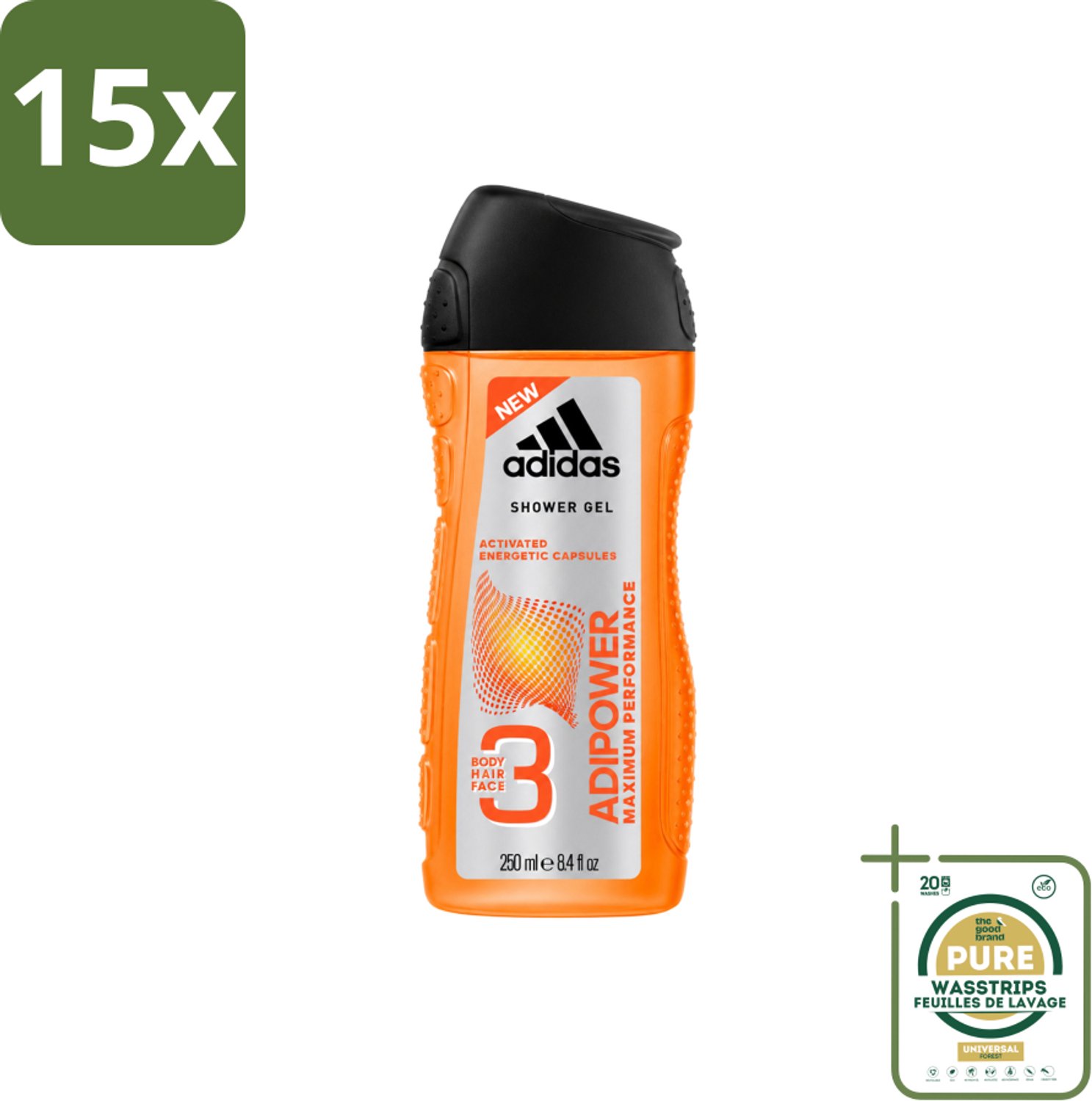 15 x Adidas - 3-in-1 Douchegel - Adipower Maximum Performance -250 ml - Wasstrips - Douchegel - Douche En Shampoo - Sportverzorging - Energie En Frisheid - Verzorgende Douche