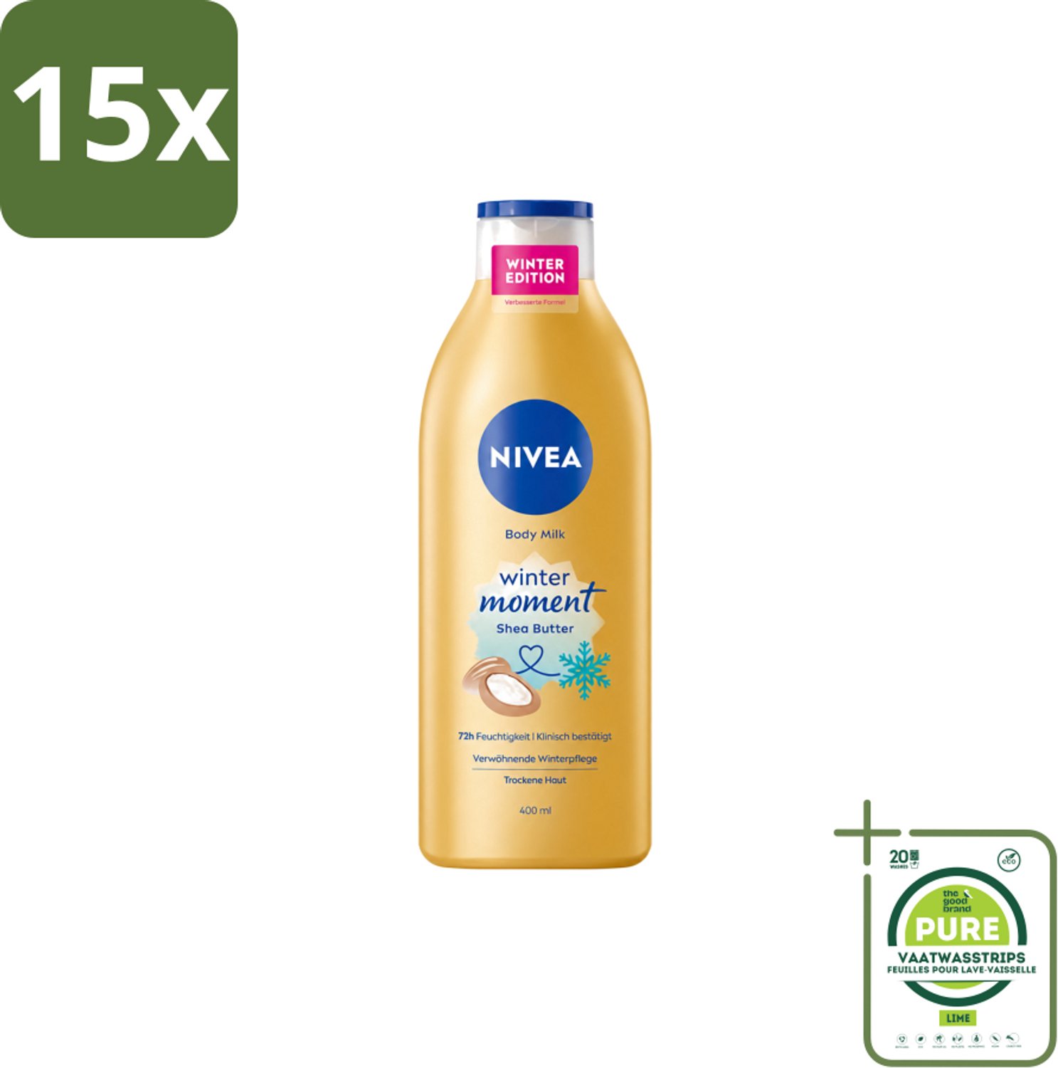 15 x Nivea – Bodymilk – Winter Moment – 400 ml - Grootverpakking - Vaatwasstrips - Winterbodymilk - Winterverzorging - Huidverzorging - Hydratatie - Sheaboter