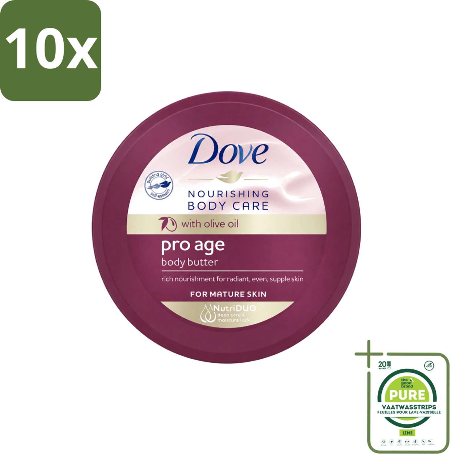 10 x Dove – Bodycrème – Pro Age – 250 ml - Grootverpakking - Vaatwasstrips - Huidverzorging - Anti-ouderdom - Huidelasticiteit - Hydratatie - Bodycrème