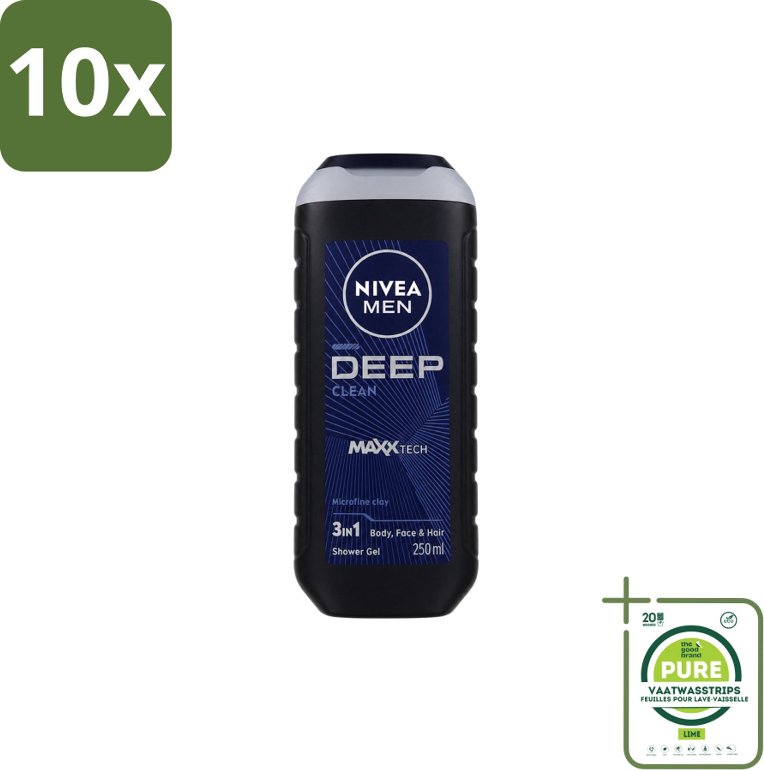 10 x Nivea Men – Douchegel – Deep Clean – 250 ml - Grootverpakking - Vaatwasstrips - Douchegel - Diepe Reiniging - Microfijne Klei - Huid Reinigen - Haar Reinigen