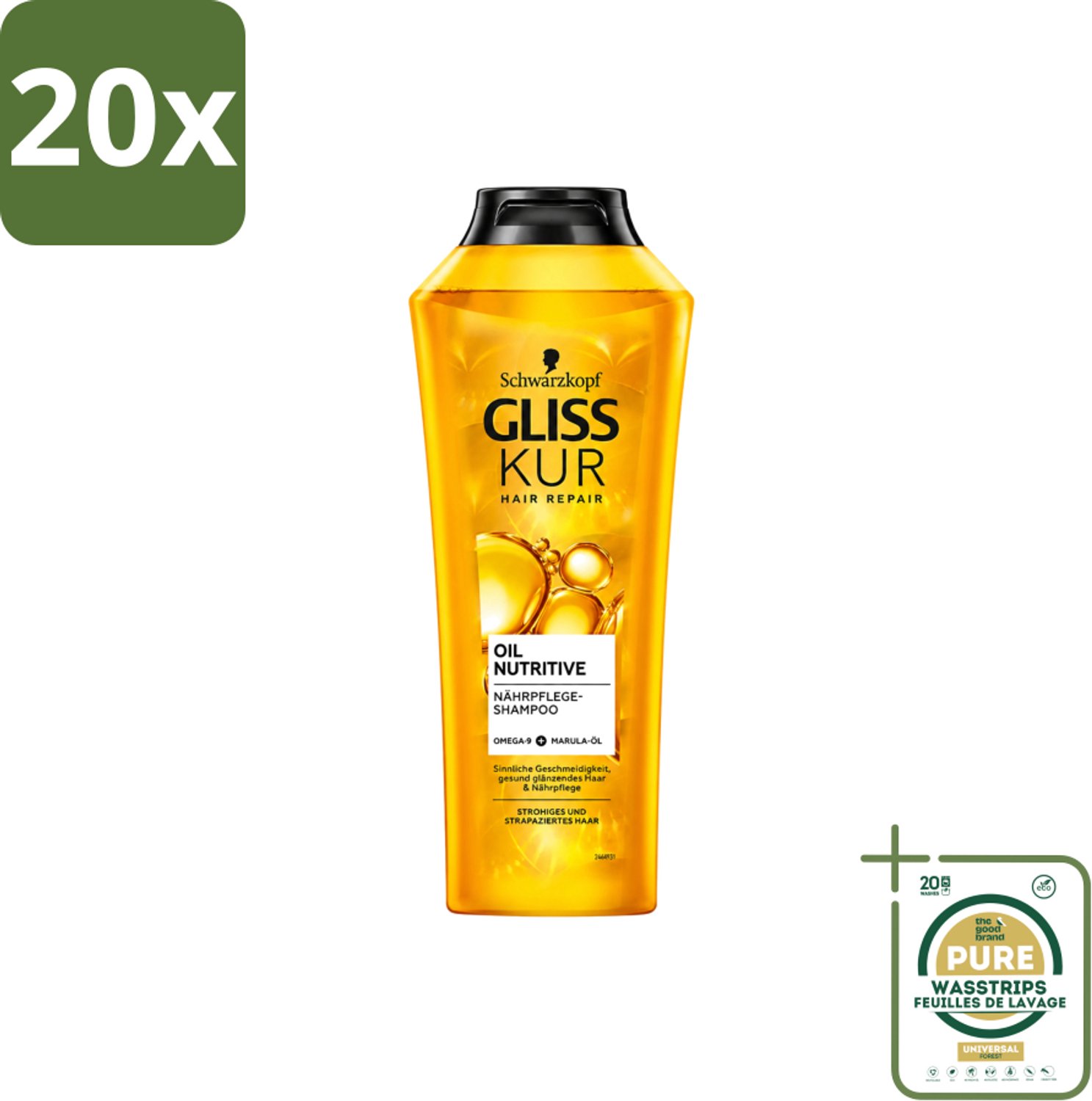 20 x Gliss-Kur - Shampoo - Oil Nutritive - Voedende Shampoo - Voor Stroef & Gespannen Haar - 400 ml - Wasstrips - Stroef Haar - Gespannen Haar - Voedend Shampoo - Hydraterend Shampoo - Abrikozenpitolie