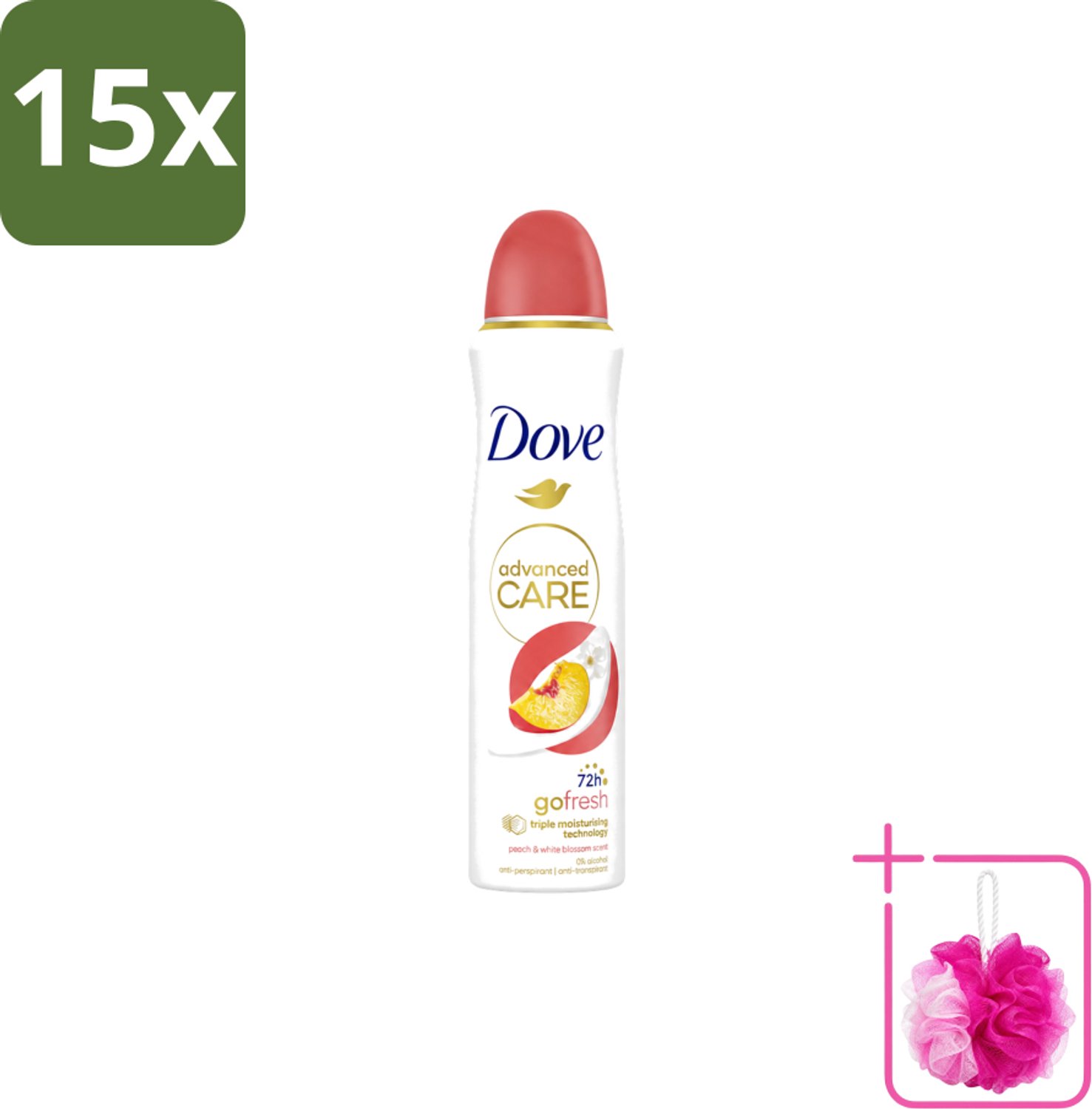 15 x Dove – Deodorant Spray – Peach & White Blossom – 150 ml - Bulkverpakking - Deodorant spray - Douchemop - Fris