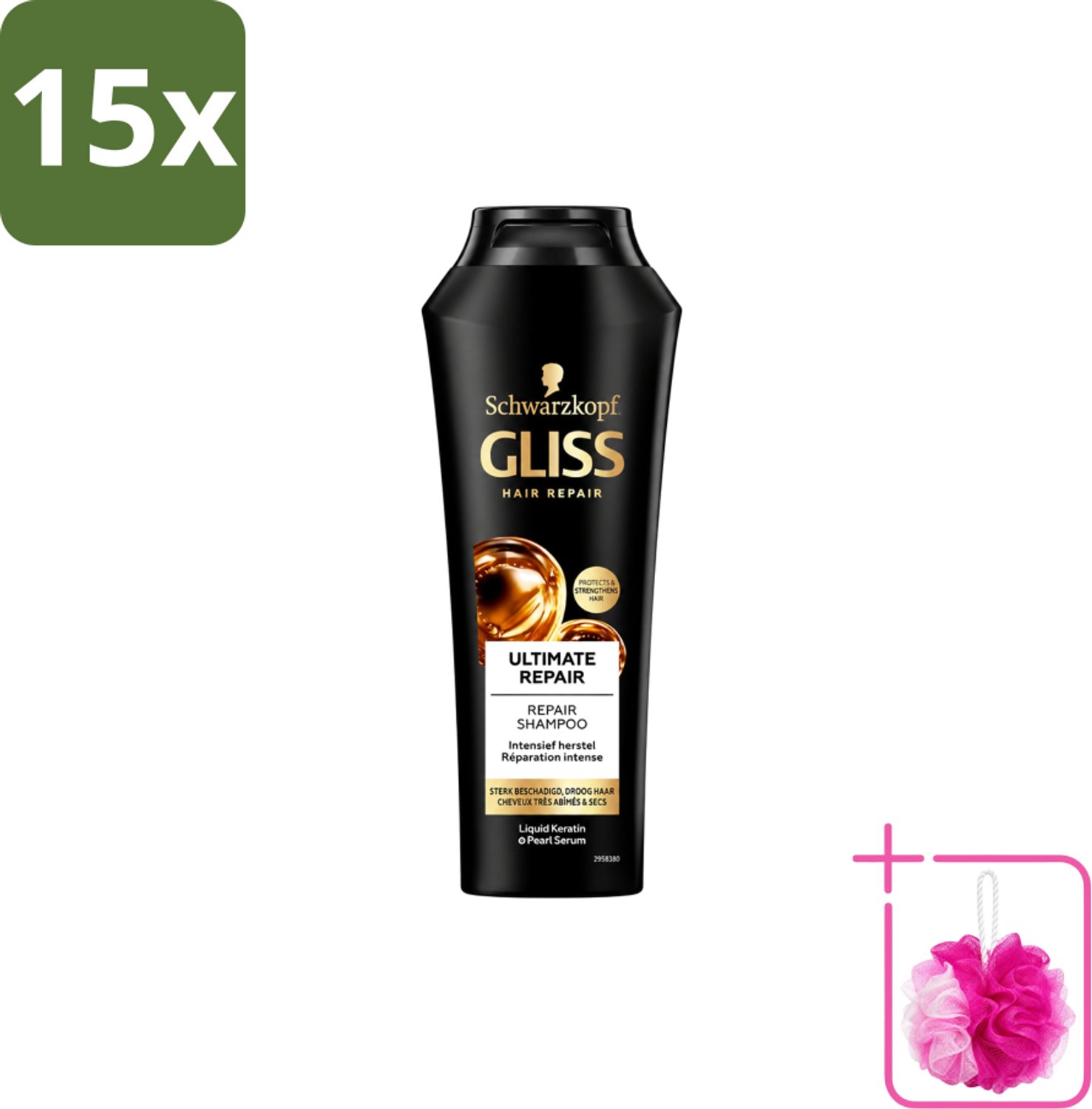15 x Gliss Kur – Shampoo – Ultimate Repair – 250 ml - Bulkverpakking - Herstel haar - Douchemop - Beschadigd haar