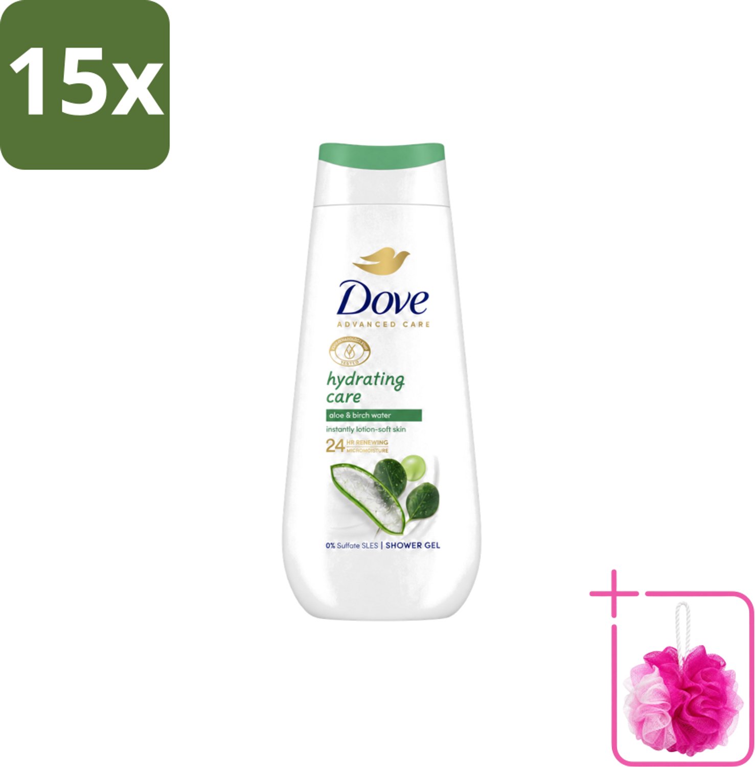 15 x Dove – Douchecrème – Hydrating Care – 225 ml - Bulkverpakking - Douchecrème - Douchemop - Hydratatie