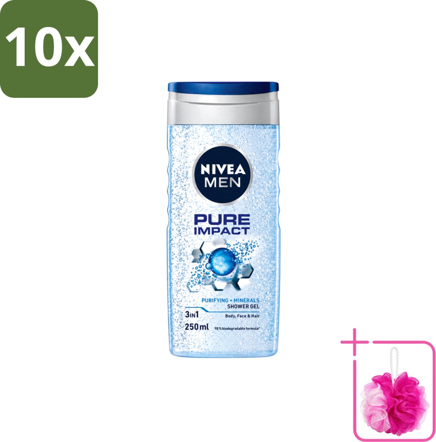 10 x Nivea Men – Douchegel – Pure Impact – 250 ml - Bulkverpakking - Douchegel - Douchemop - Reiniging