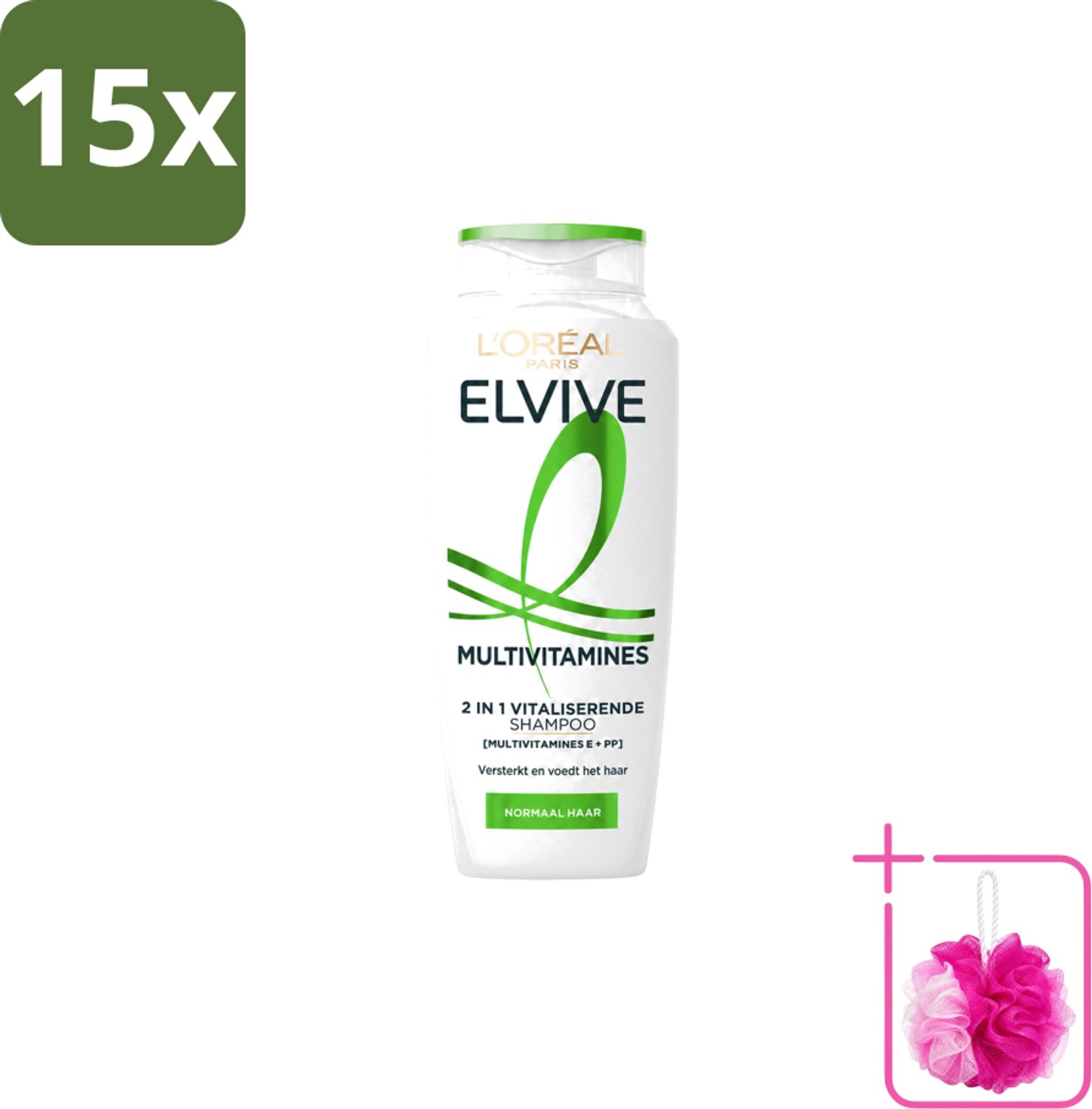 15 x L’Oréal Paris Elvive – Shampoo – Multivitamines 2-in-1 – 250 ml - Bulkverpakking - Haarverzorging - Douchemop - Krachtig haar