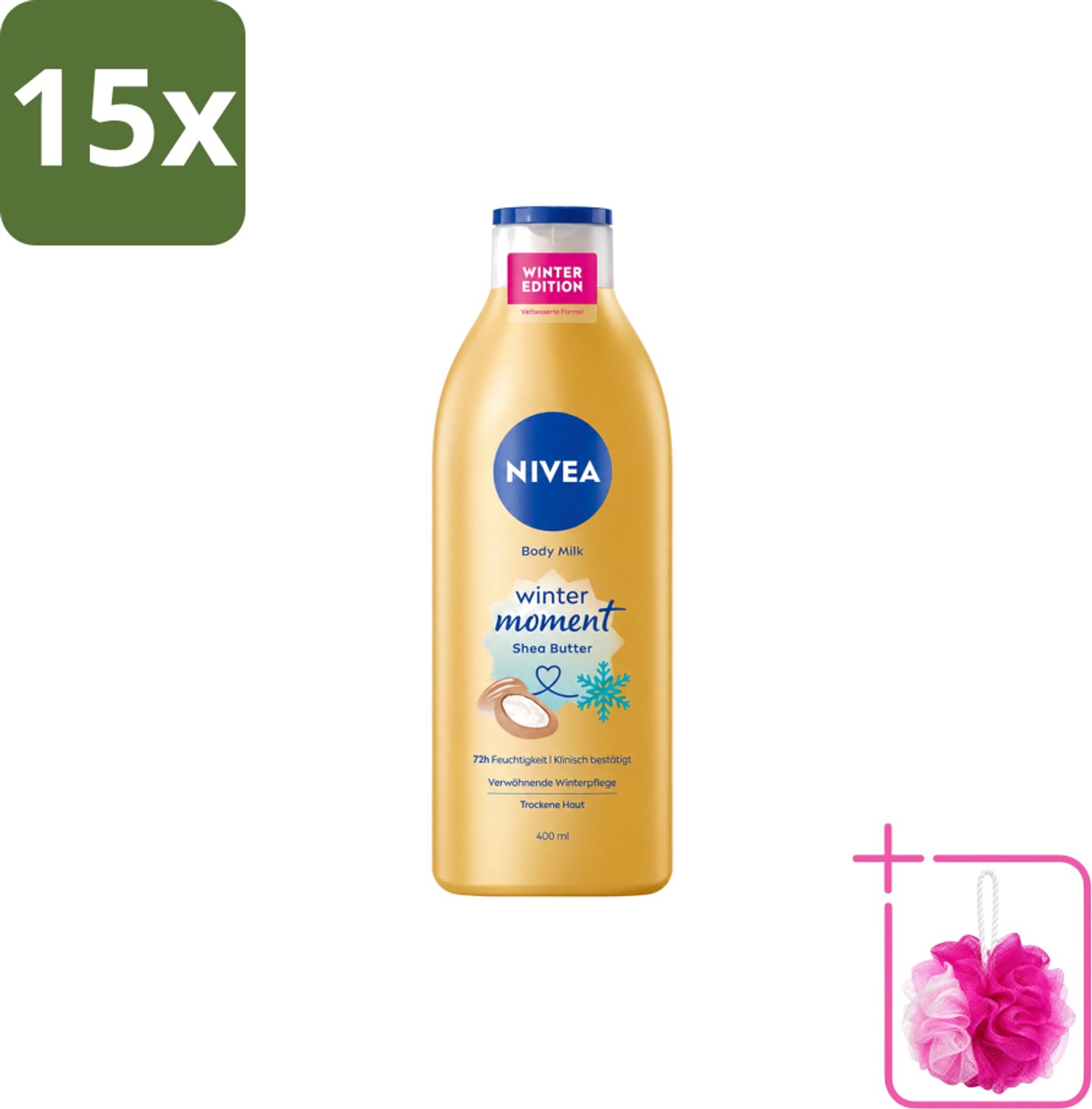15 x Nivea – Bodymilk – Winter Moment – 400 ml - Bulkverpakking - Winterbodymilk - Douchemop - Winterverzorging