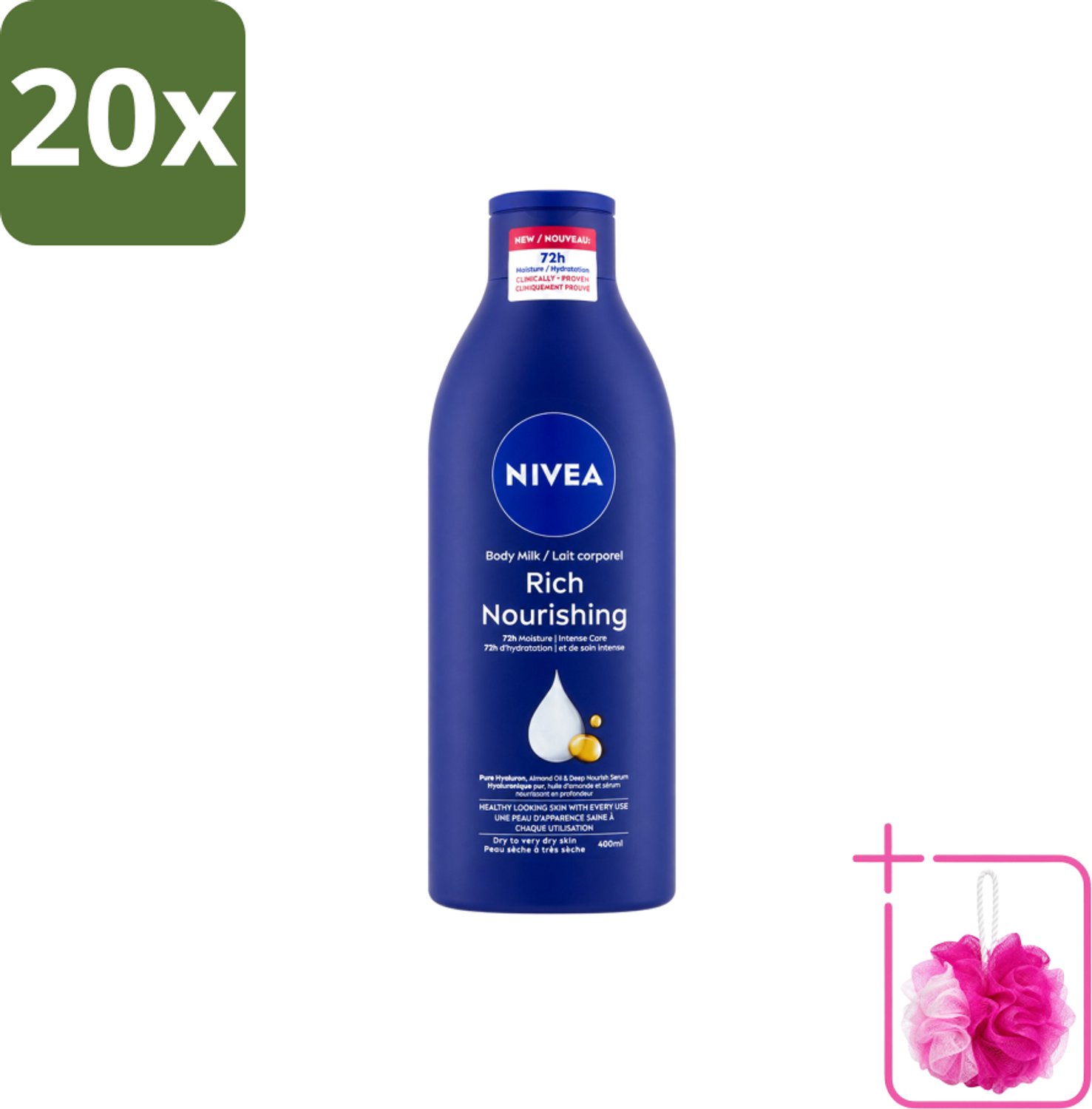 20 x Nivea – Bodylotion – Voor Droge Huid – 400 ml - Bulkverpakking - Lichaamsoil - Douchemop - Lichaamsoil voor droge huid