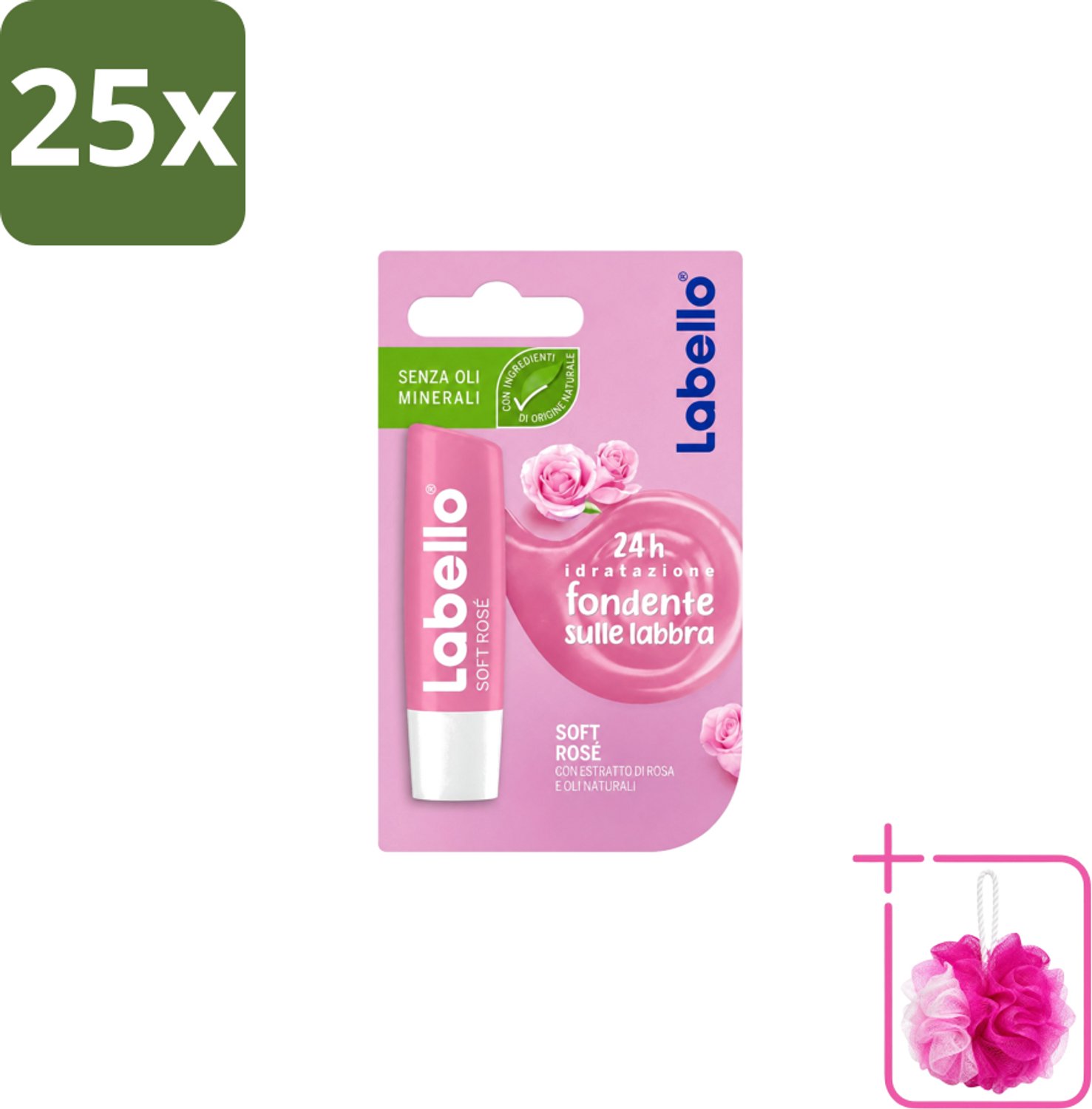 25 x Labello – Lippenbalsem – Soft Rosé - Bulkverpakking - Lippenbalsem - Douchemop - Hydratatie
