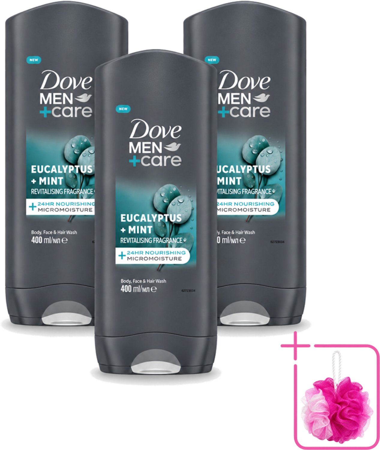 3 x Dove - Douchegel - Men+ Care Eucalyptus + Mint - Verfrissend en kalmerend - 400 ml - Bulkverpakking - Douchegel voor mannen - Douchemop - Eucalyptus en munt