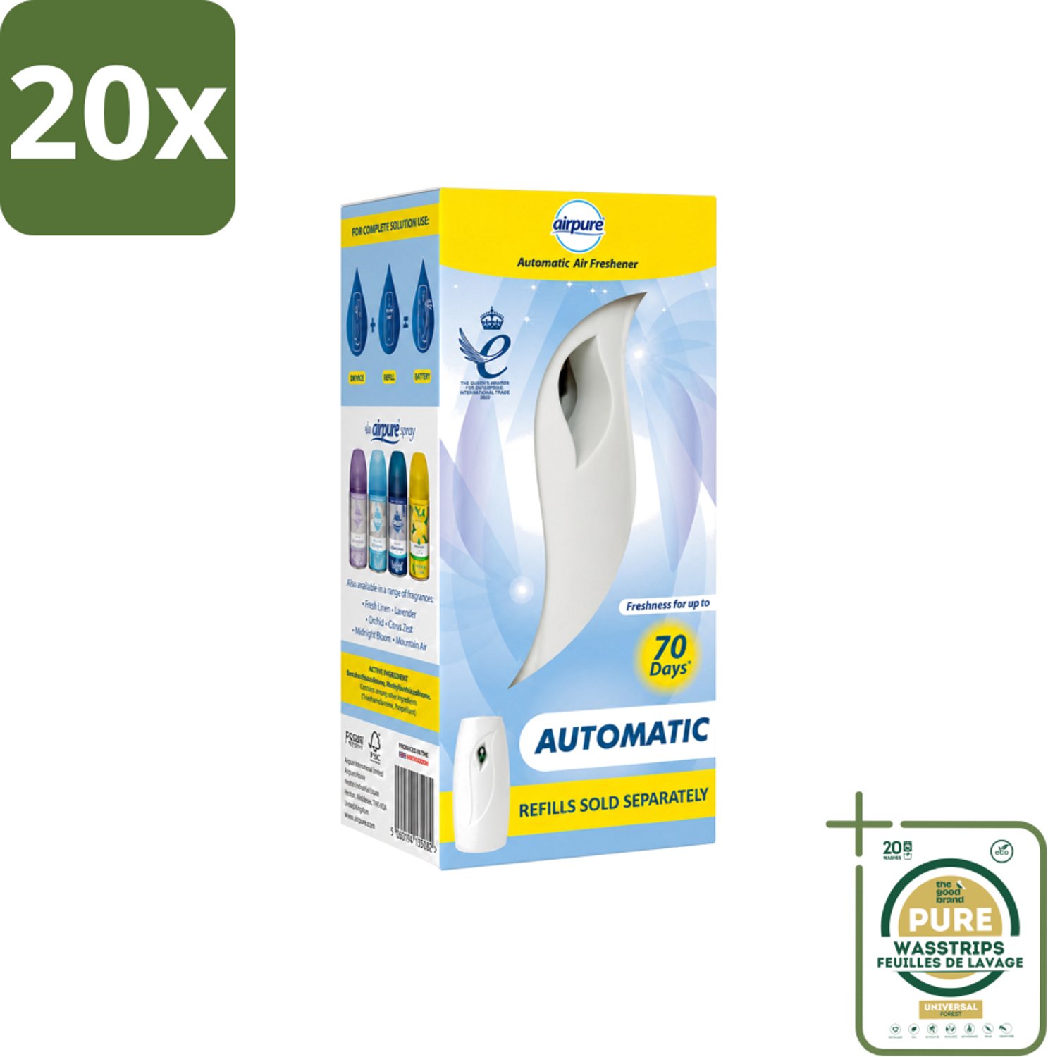 20 x Airpure - Luchtverfrisser - Freshmatic - Automatische Luchtverfrisser - Continue Geurverspreiding - 1 Luchtverfrisser - Wasstrips - Automatische Luchtverfrisser - Continue Geurverspreiding - Geur Dispenser - Luchtverfrisser - Geur In Huis
