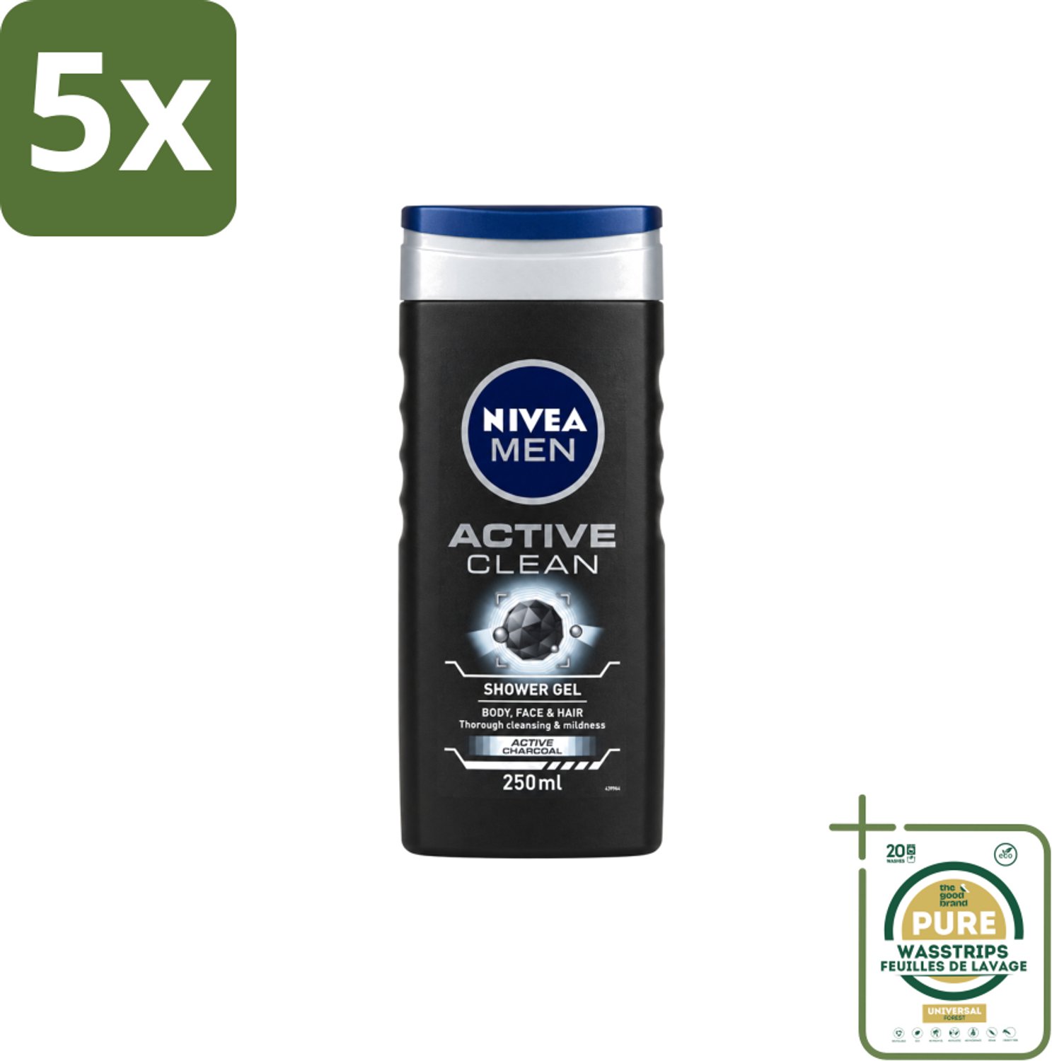 5 x Nivea Men – Douchegel – Active Clean – 250 ml - Wasstrips - Douchegel Mannen - Actieve Houtskool - Reiniging Huid - Vuil Verwijderen - Talg Verwijderen