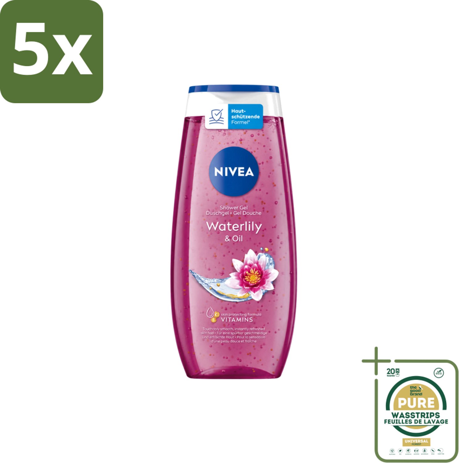 5 x Nivea – Douchegel – Waterlily & Oil – 250 ml - Wasstrips - Douchegel - Waterlelie - Huidverzorging - Mild Reinigen - Huidcomfort