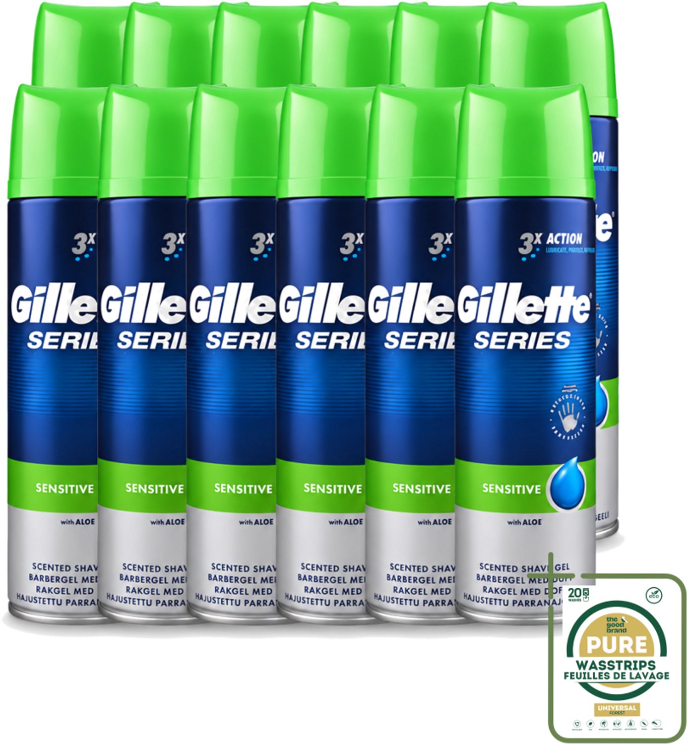 12 x Gillette Series - Scheergel - Sensitive - Aloe Vera - Voor de gevoelige huid - 200 ml - Wasstrips - Gevoelige Huid - Scheergel - Aloe Vera - Menthol - Scheren