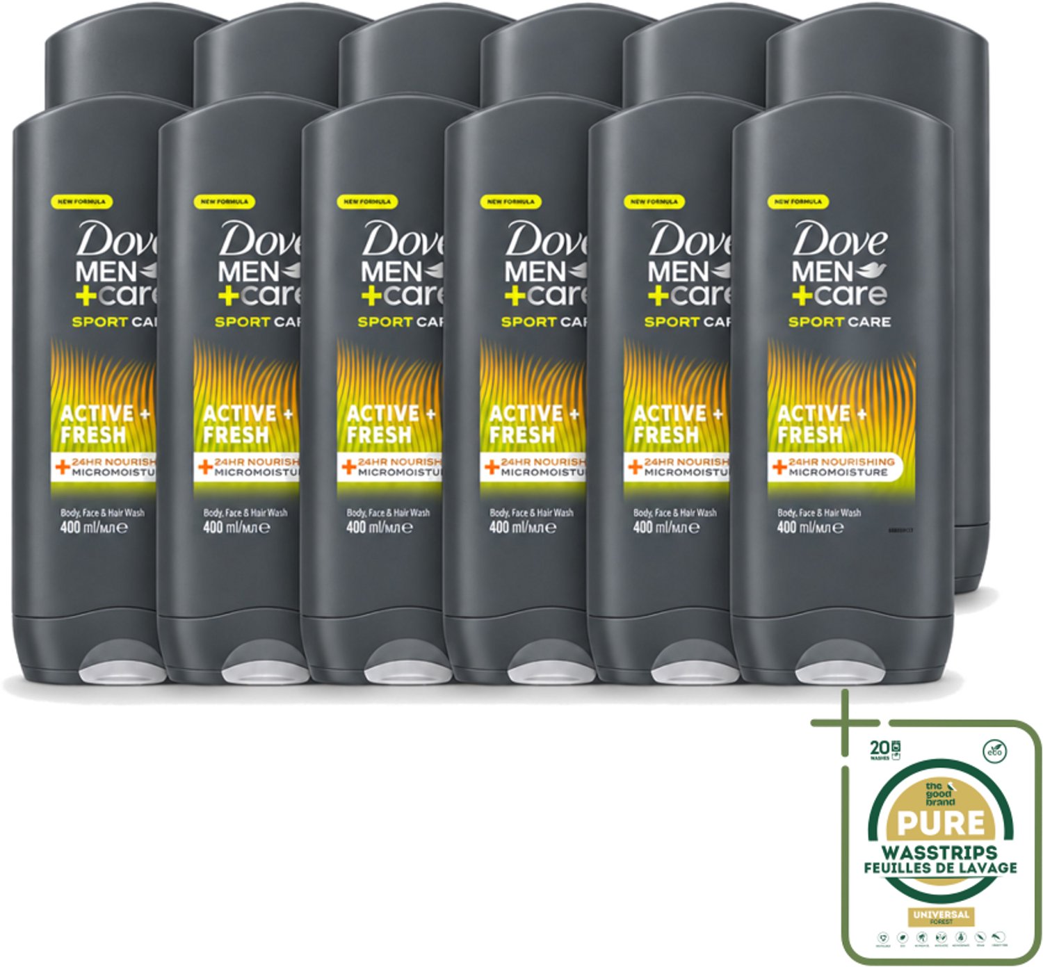 12 x Dove - Douchegel - Men+ Care Active Fresh - Verfrissend en langdurige bescherming - 400 ml - Wasstrips - Douchegel - Man - Fris - Energie - Actief