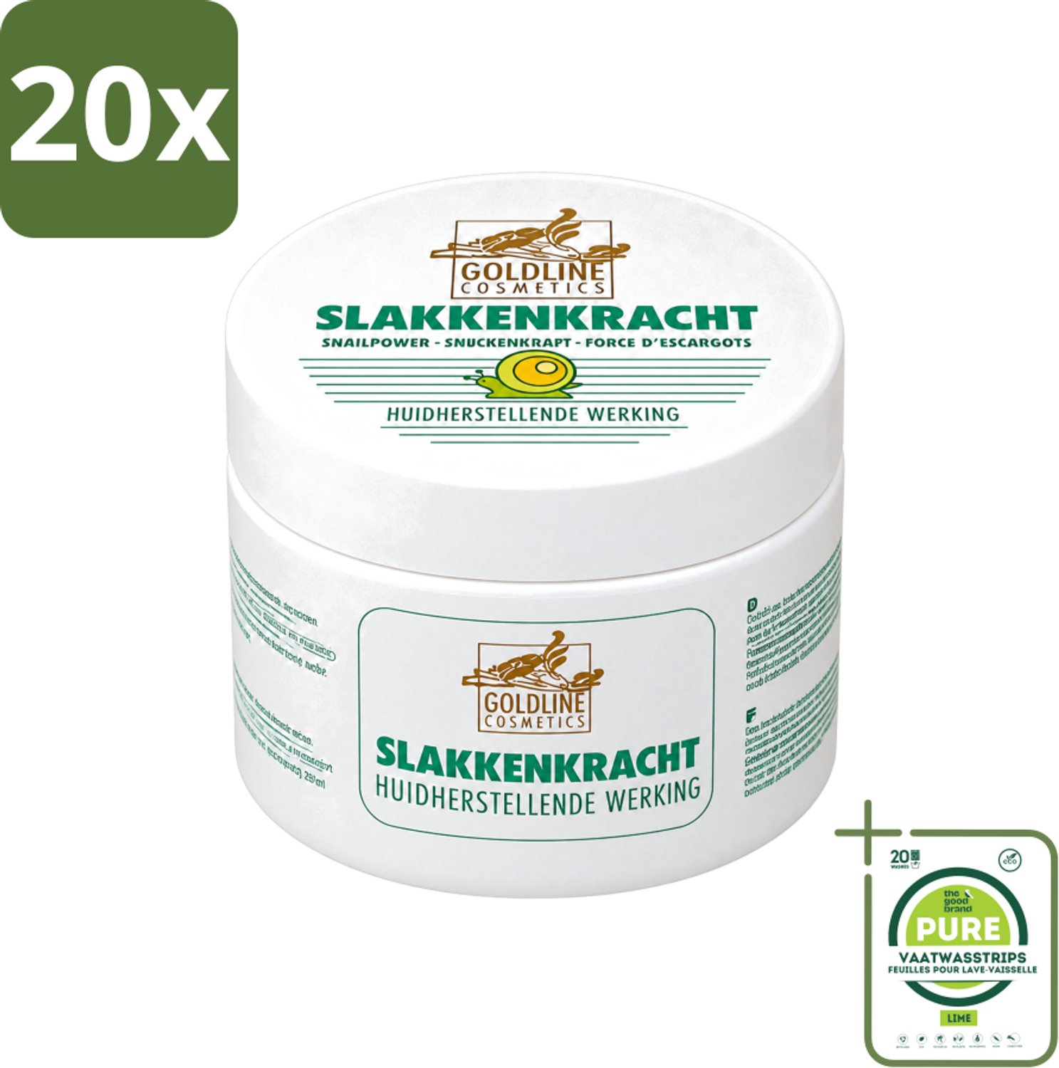 20 x Goldline - Bodycrème - Slakkenkracht - Huidverzorging - Verzachtend - 250 ml - Grootverpakking - Vaatwasstrips - Huidverzorging - Slakkenkracht - Bodycrème - Herstelcrème - Hydratatie