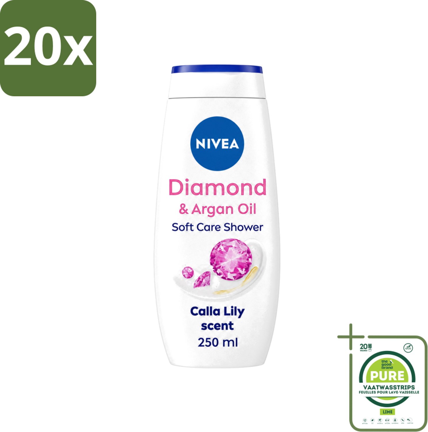 20 x Nivea - Diamond Touch Douchegel - Sensuele Leliegeur - 250 ml - Grootverpakking - Vaatwasstrips - Douchegel - Diamantpoeder - Witte Aronskelk - Hydratatie - Luxe Douchegel