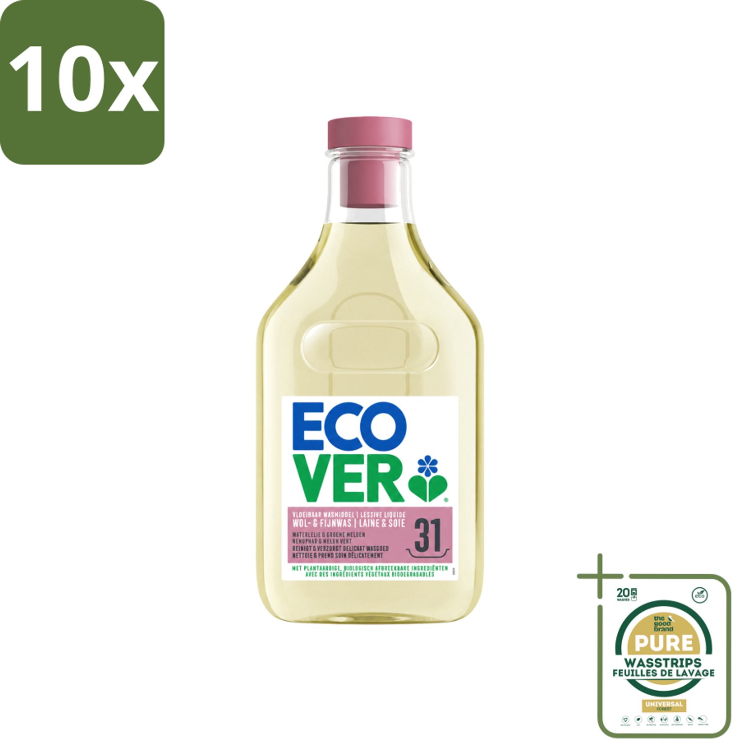 10 x Ecover - Vloeibaar Wasmiddel - Wol & Fijn Was - Waterlelie & Groene Meloen - 31 Wasbeurten - 1.43 L - Wasstrips - Wasmiddel Wol En Fijn Was - Vloeibaar Wasmiddel - Milieuvriendelijk Wasmiddel - Fijn Was - Delicate Stoffen Was