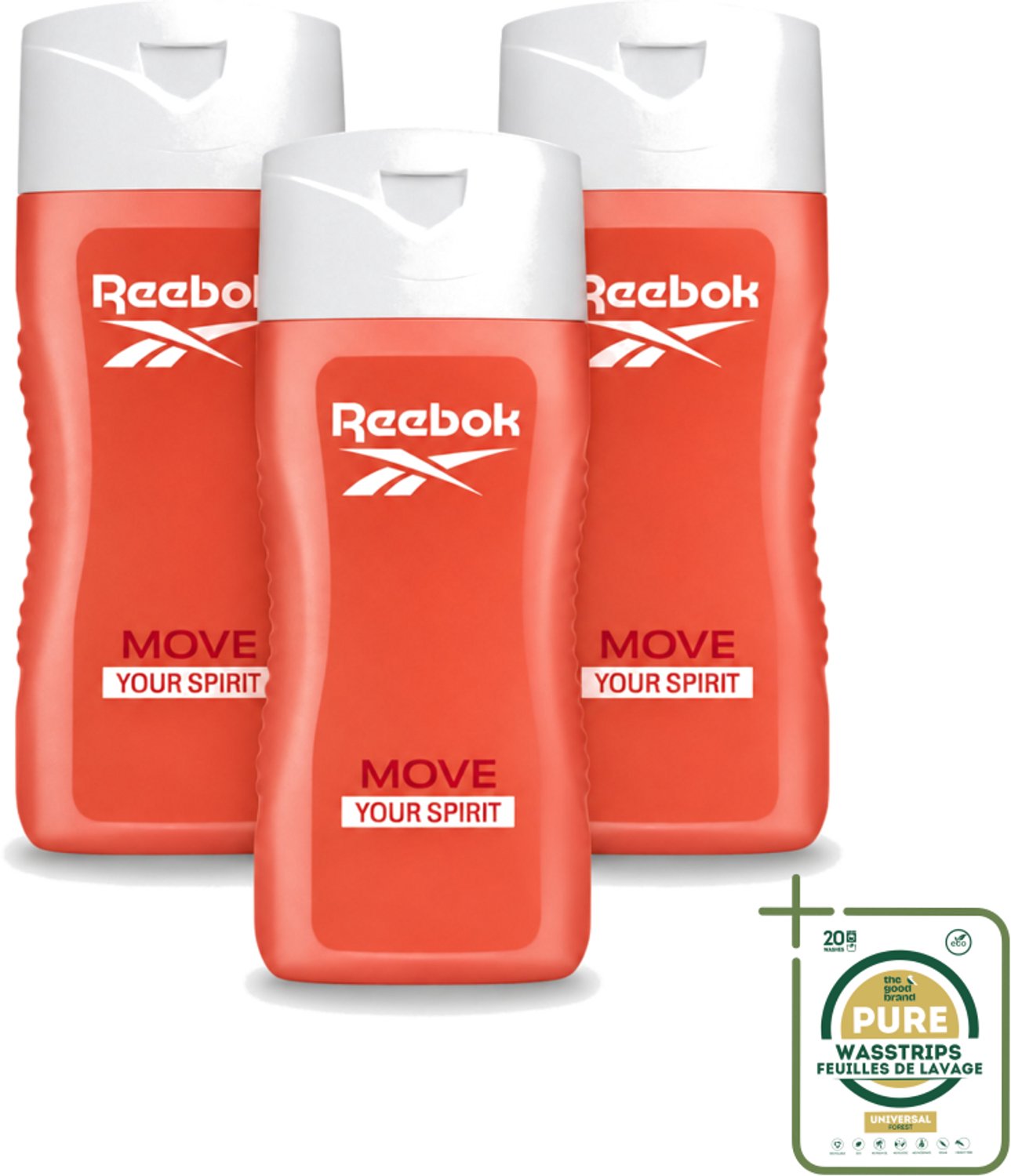 3 x Reebok - Move Your Spirit - Douchegel - 400 ml - Wasstrips - Douchegel - Granaatappel - Citrus - Aloe Vera - Gezin