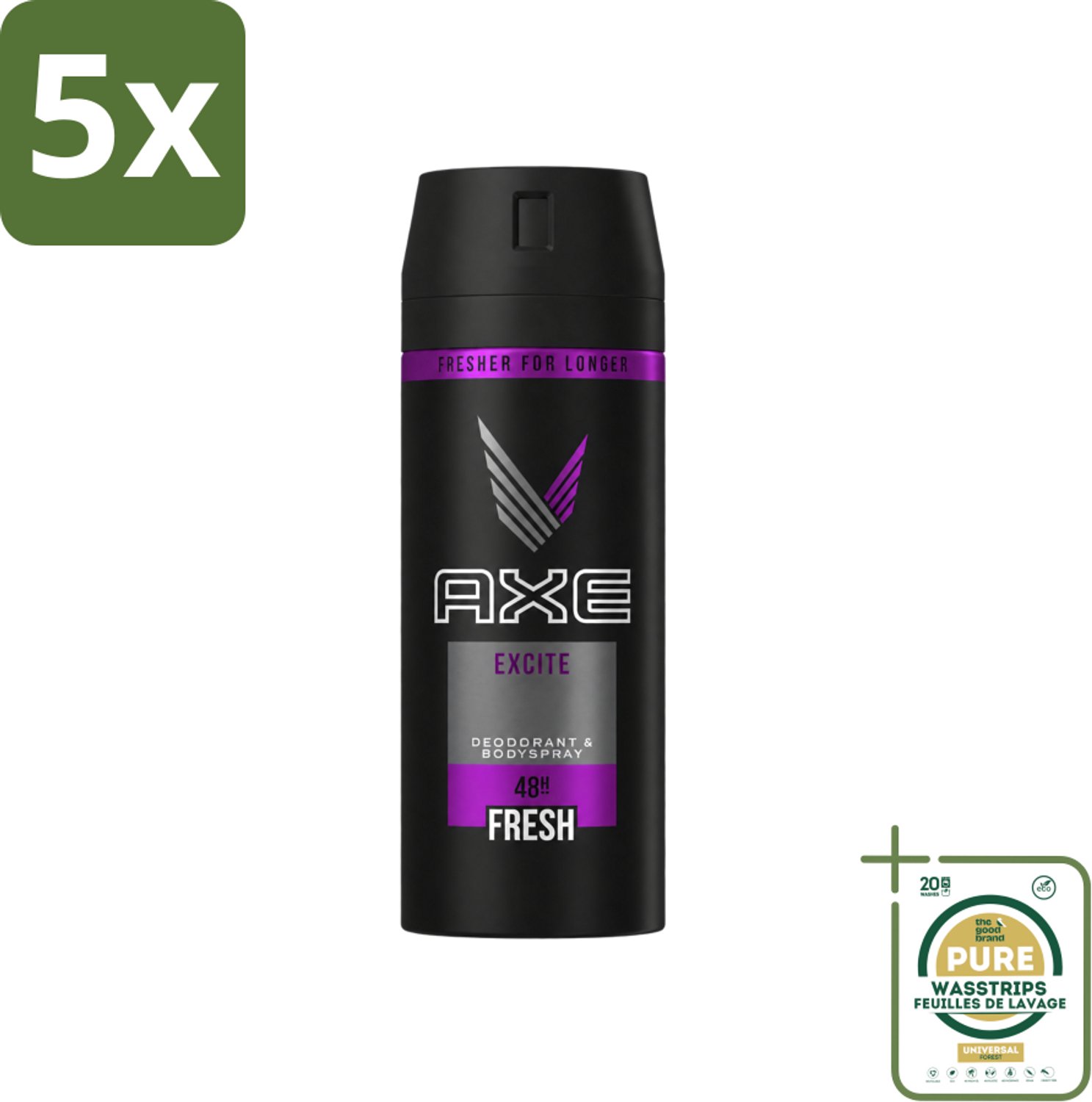 5 x Axe - Deodorant Bodyspray - 48hrs Fresh - Excite - 150 ml - Wasstrips - Axe Excite - Deodorant Bodyspray - Geur - Lichaamsgeur Bescherming - Langdurige Bescherming