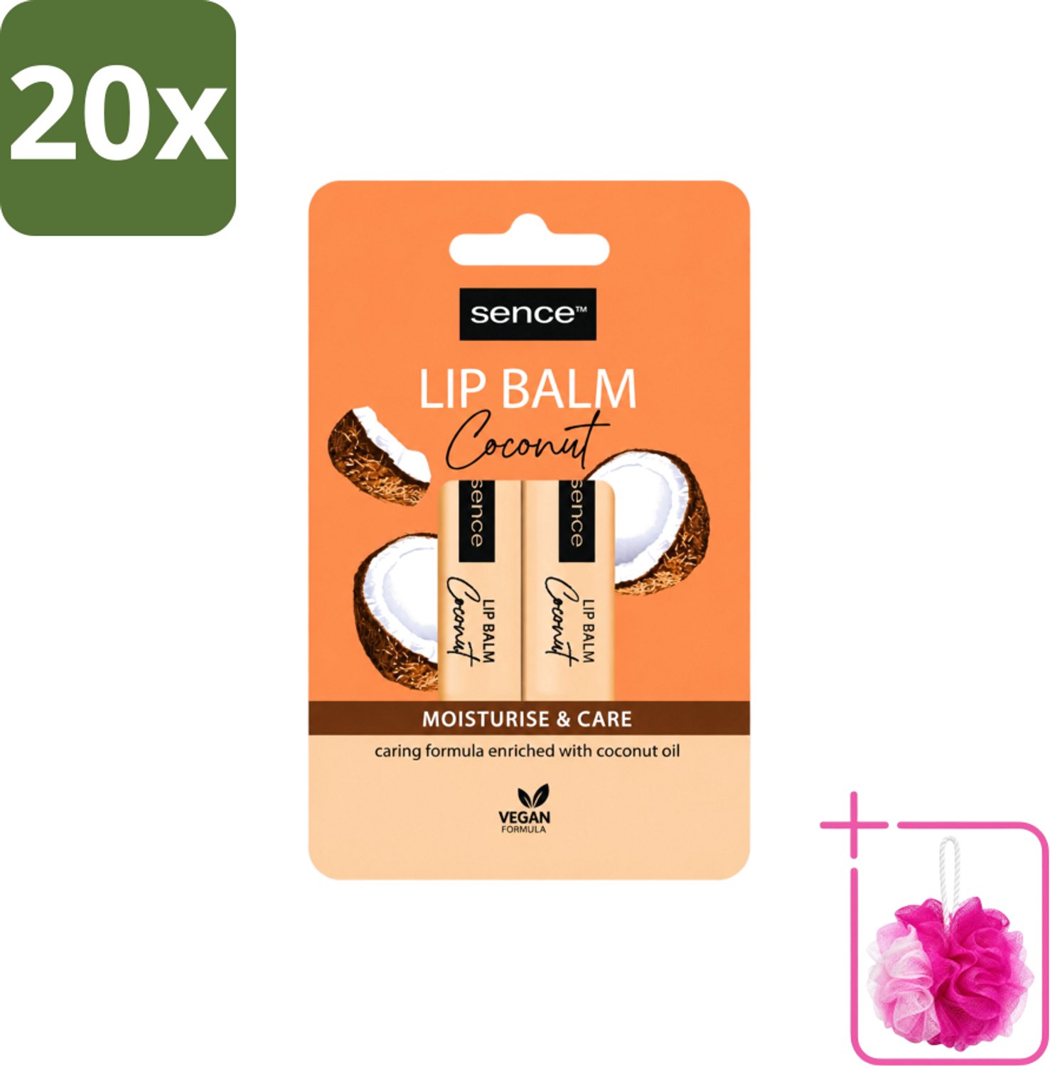 20 x Sence - Moisturise & Care - Lippenbalsem Duo - Verzorgend - 2 x 4,3 g - Bulkverpakking - Lippenbalsem - Douchemop - Kokos
