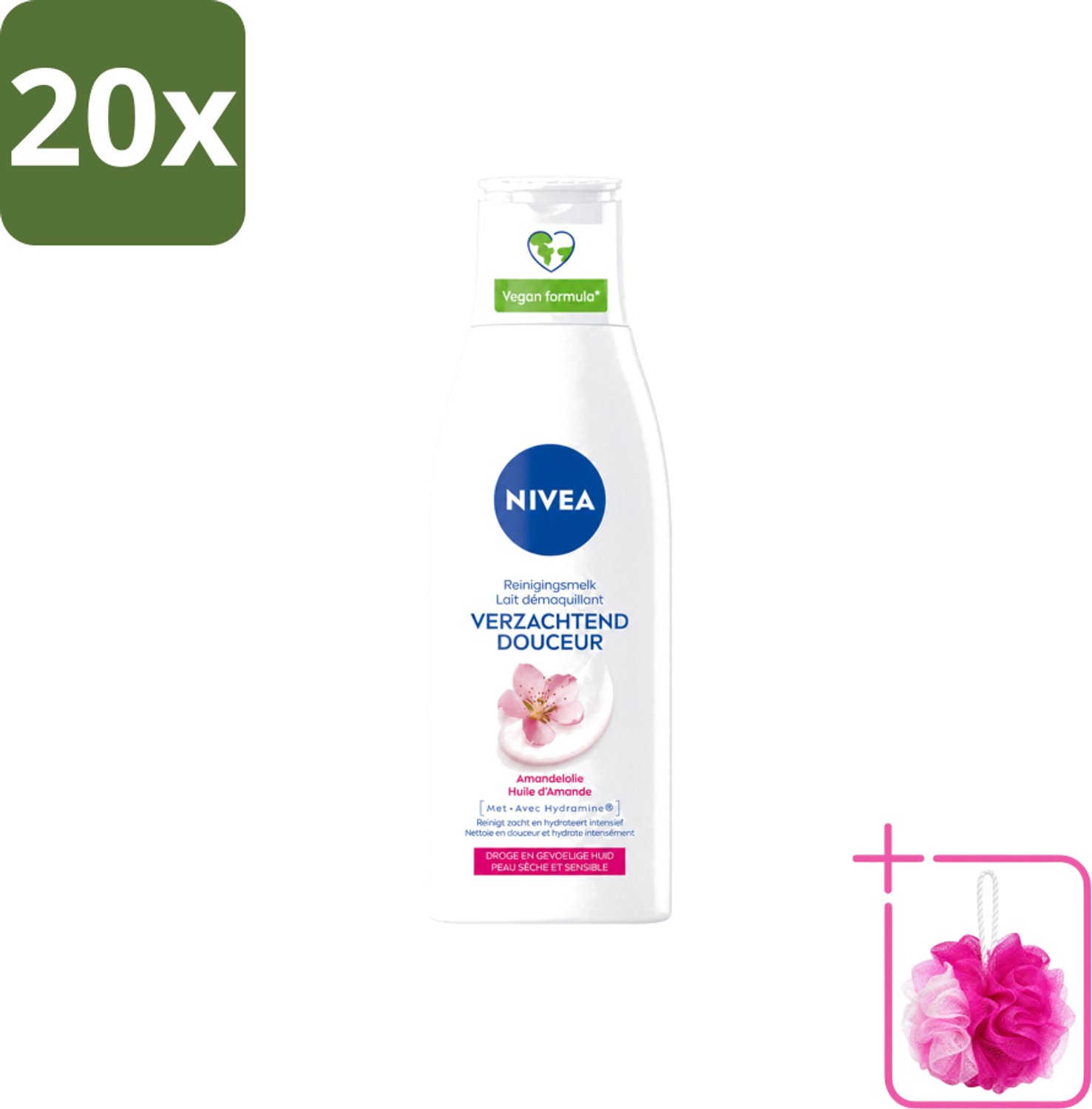 20 x Nivea - Gezichtsreiniger - Droge en Gevoelige Huid - Amandelolie - Hydramine - 200 ml - Bulkverpakking - Gezichtsreiniger - Douchemop - Droge huid