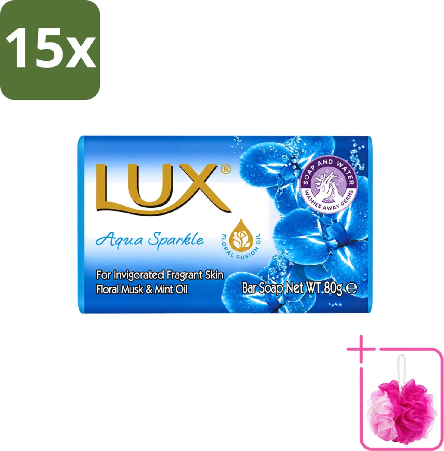 15 x Lux - Zeep - Aqua Sparkle - Hydraterend - Verkwikkende Geur - 80 g - Bulkverpakking - Zeep - Douchemop - Reinigen
