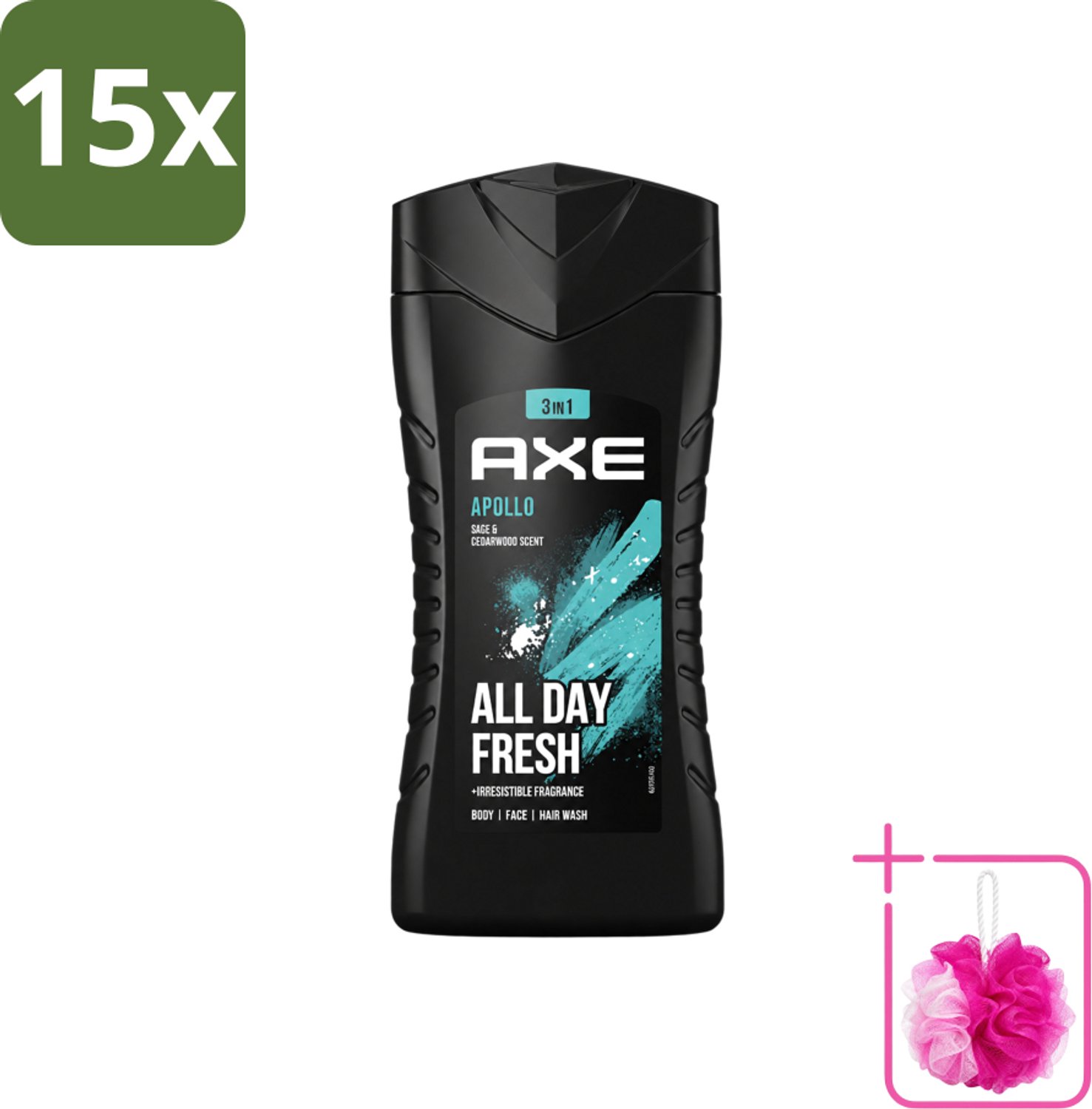 15 x Axe - 3-in-1 Douchegel - Apollo - Sage & Cedarwood - 250 ml - Bulkverpakking - Douchegel - Douchemop - Mannelijke geur